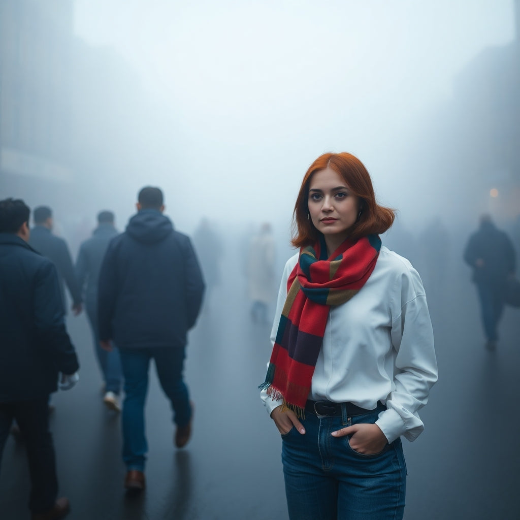 A stylish woman demonstrating different ways to wear a colorful cotton scarf, including as a neck drape, headband, and shawl, in a minimalist studio setting.