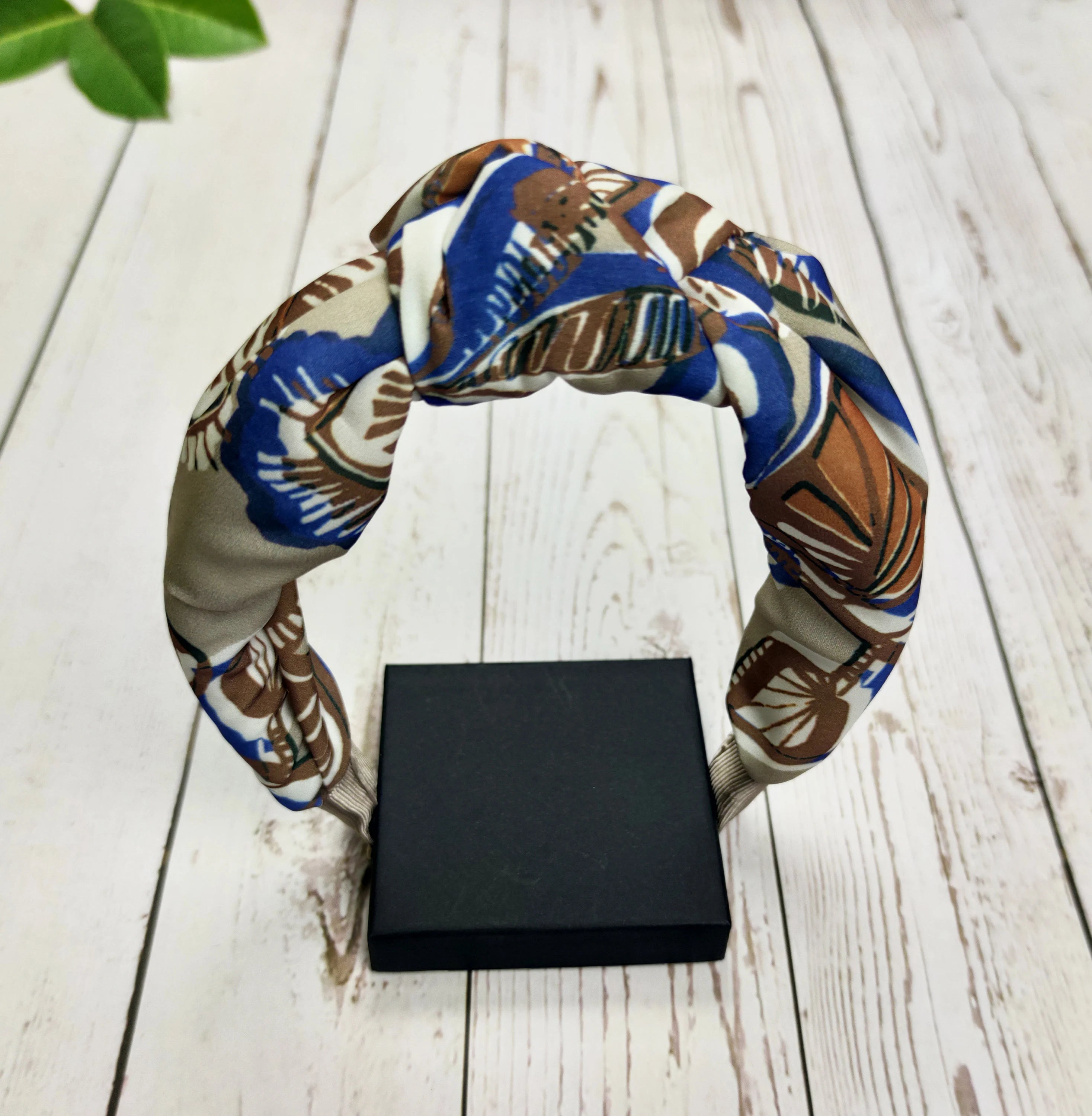 Stylish Blue Brown Beige Leaf Pattern Knotted Headband - Wide Women's Hairband in Viscose Crepe