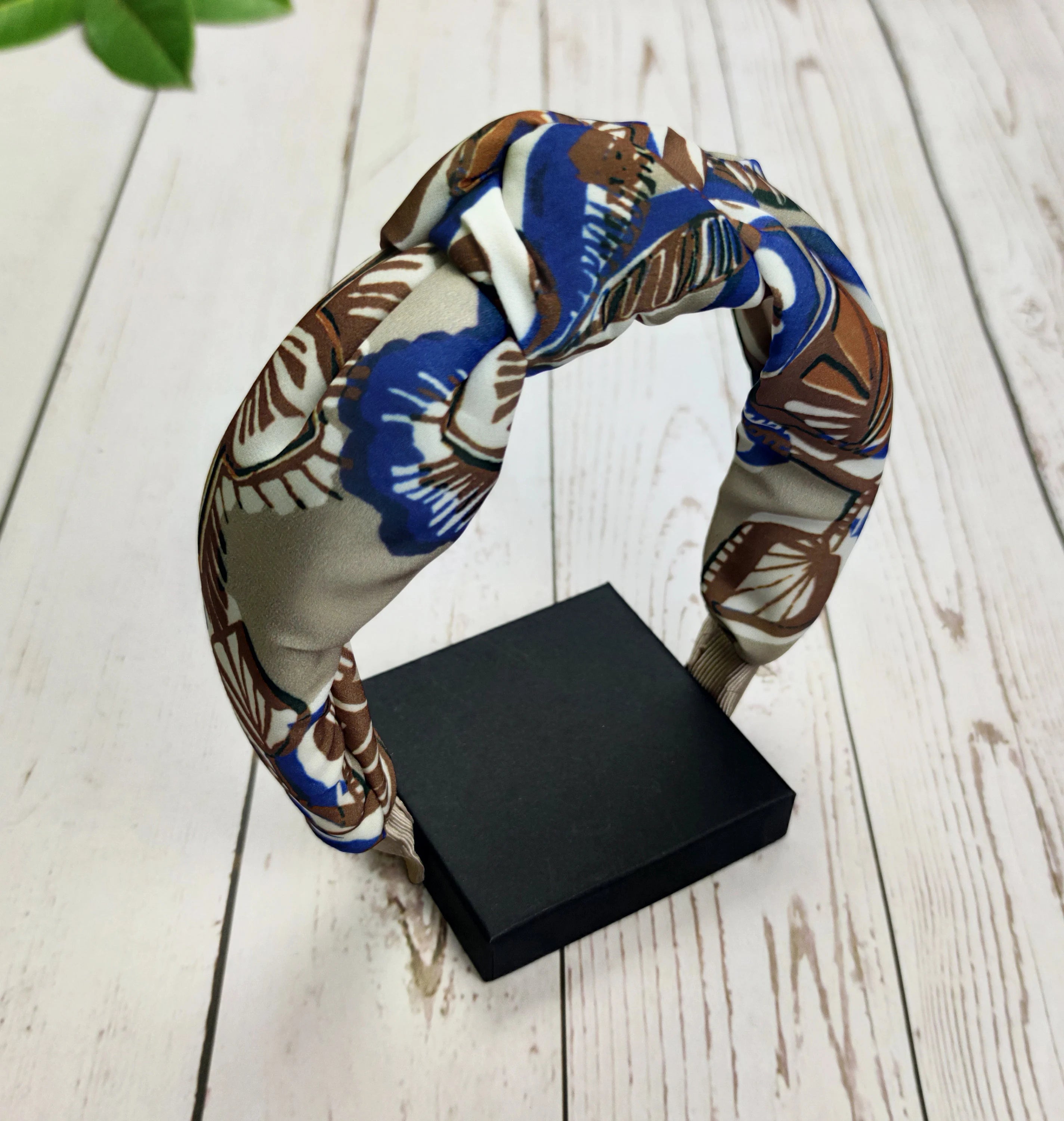 Stylish Blue Brown Beige Leaf Pattern Knotted Headband - Wide Women's Hairband in Viscose Crepe