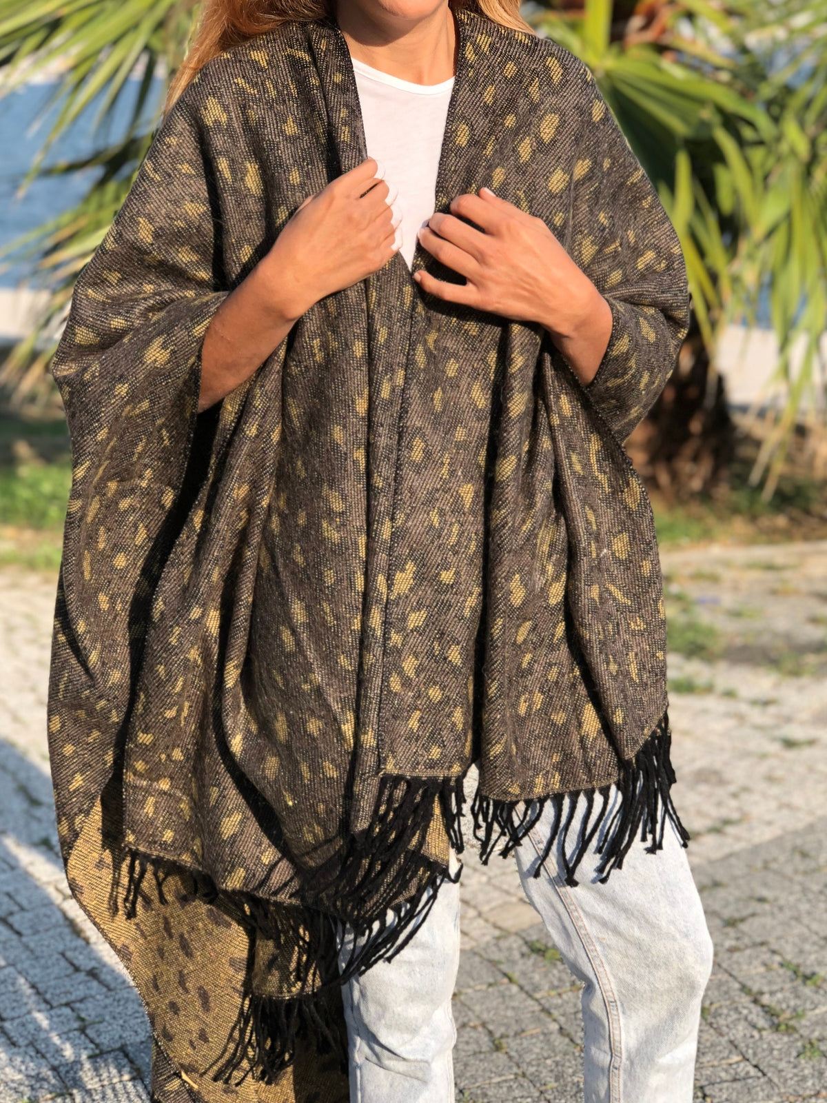 Brown Wool & Acrylic Leopard Pattern Poncho Shawl for Autumn and Winter, Wrap Winter Open Front Poncho Coat