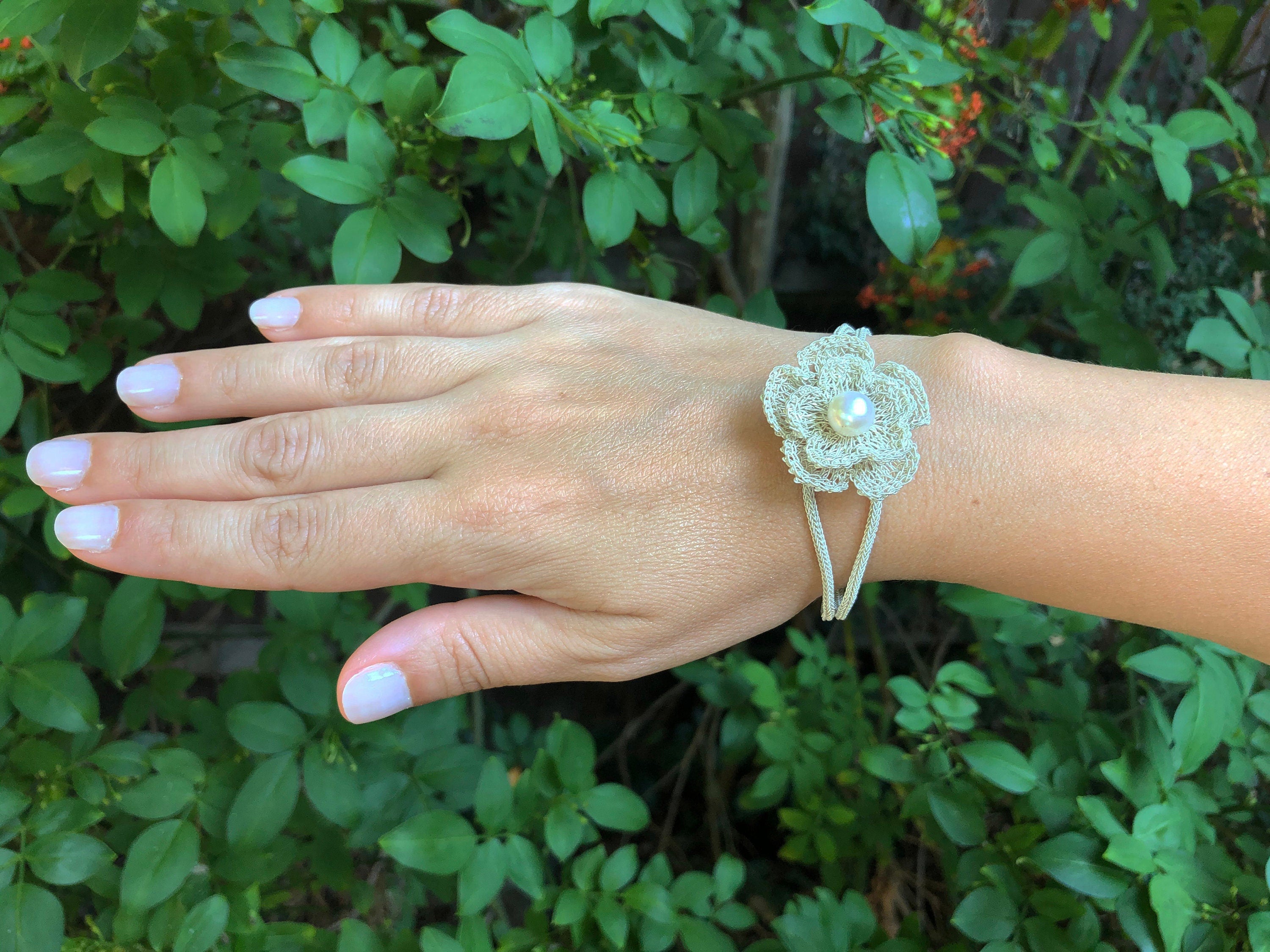 Premium Baroque Pearl, Silver Flower Chain Bracelet, Wedding Gift for Women available at Moyoni Design