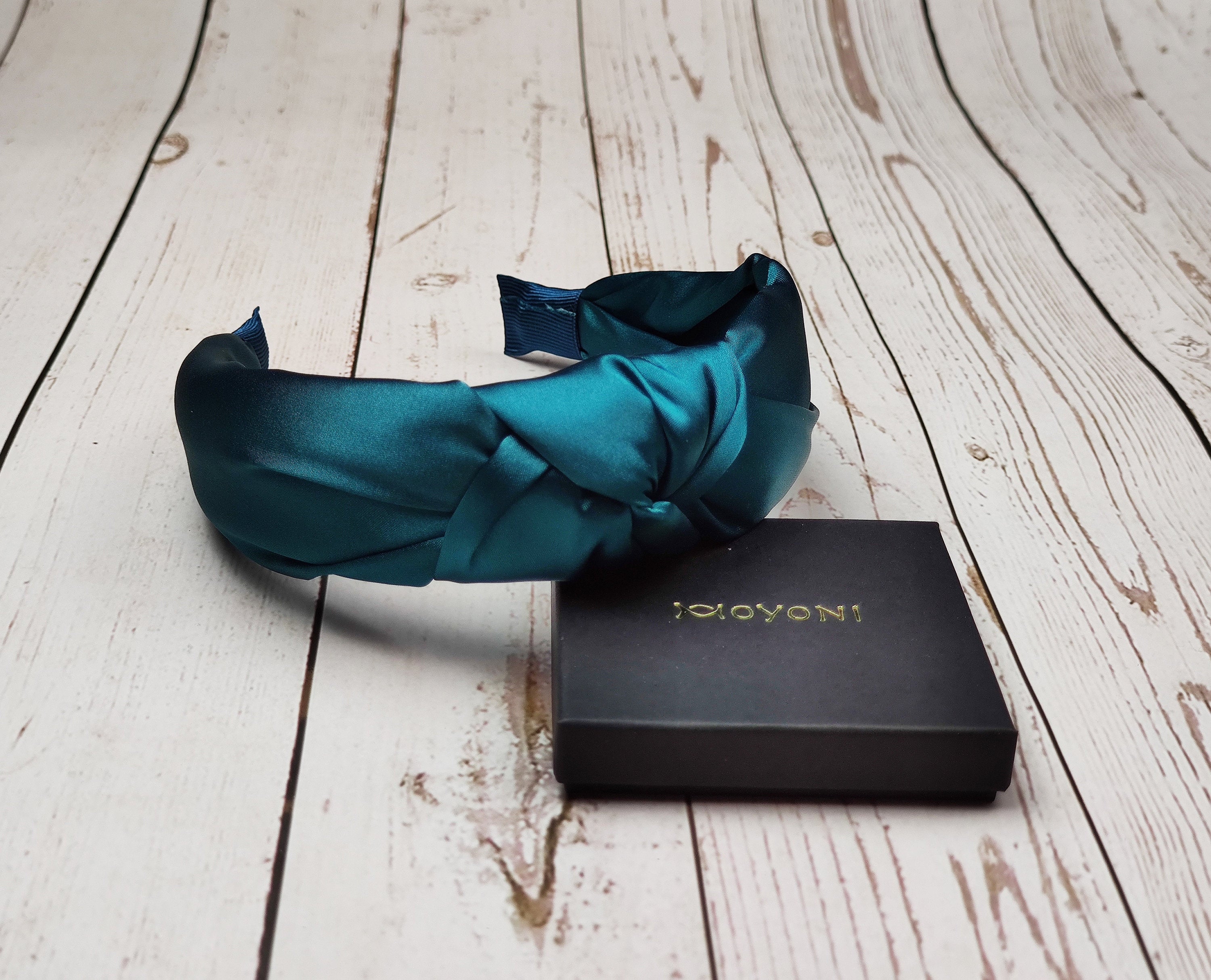 Charming Patrol Blue Knot Headband - Padded Satin Classic Hairband for Women with Bright Blue Green Fashion Accent available at Moyoni Design