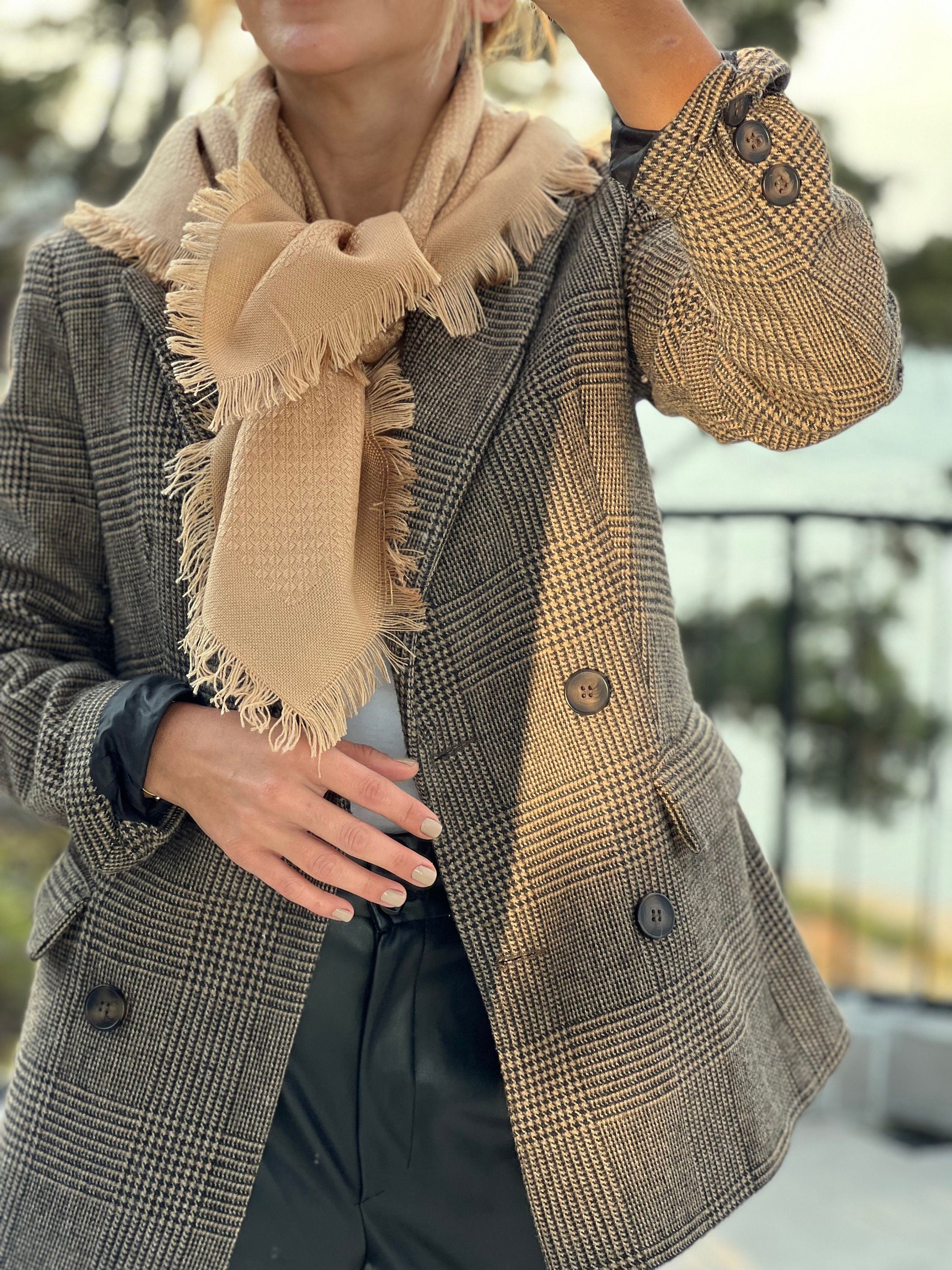 Cream beige solid color cotton wool blend square scarf - soft and warm for spring and autumn, best gift for women.