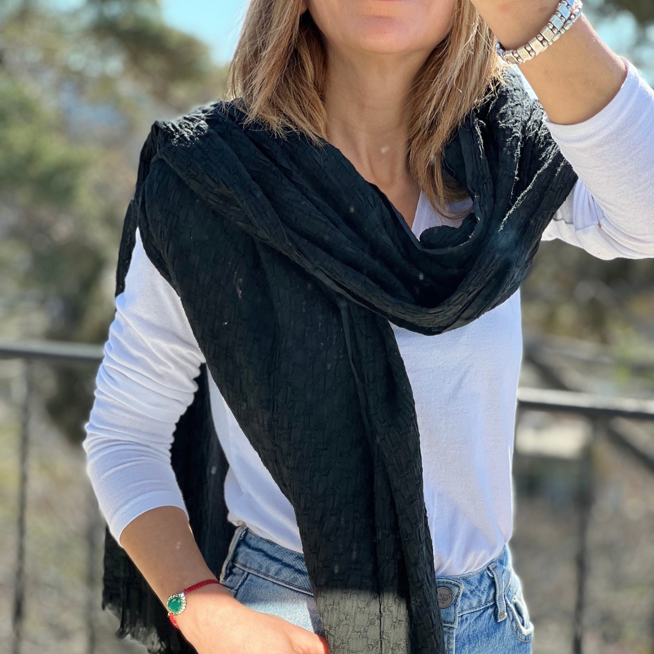 Handcrafted Elegant 100% Organic Cotton Rectangle Scarf in Black Anthracite Grey available at Moyoni Design