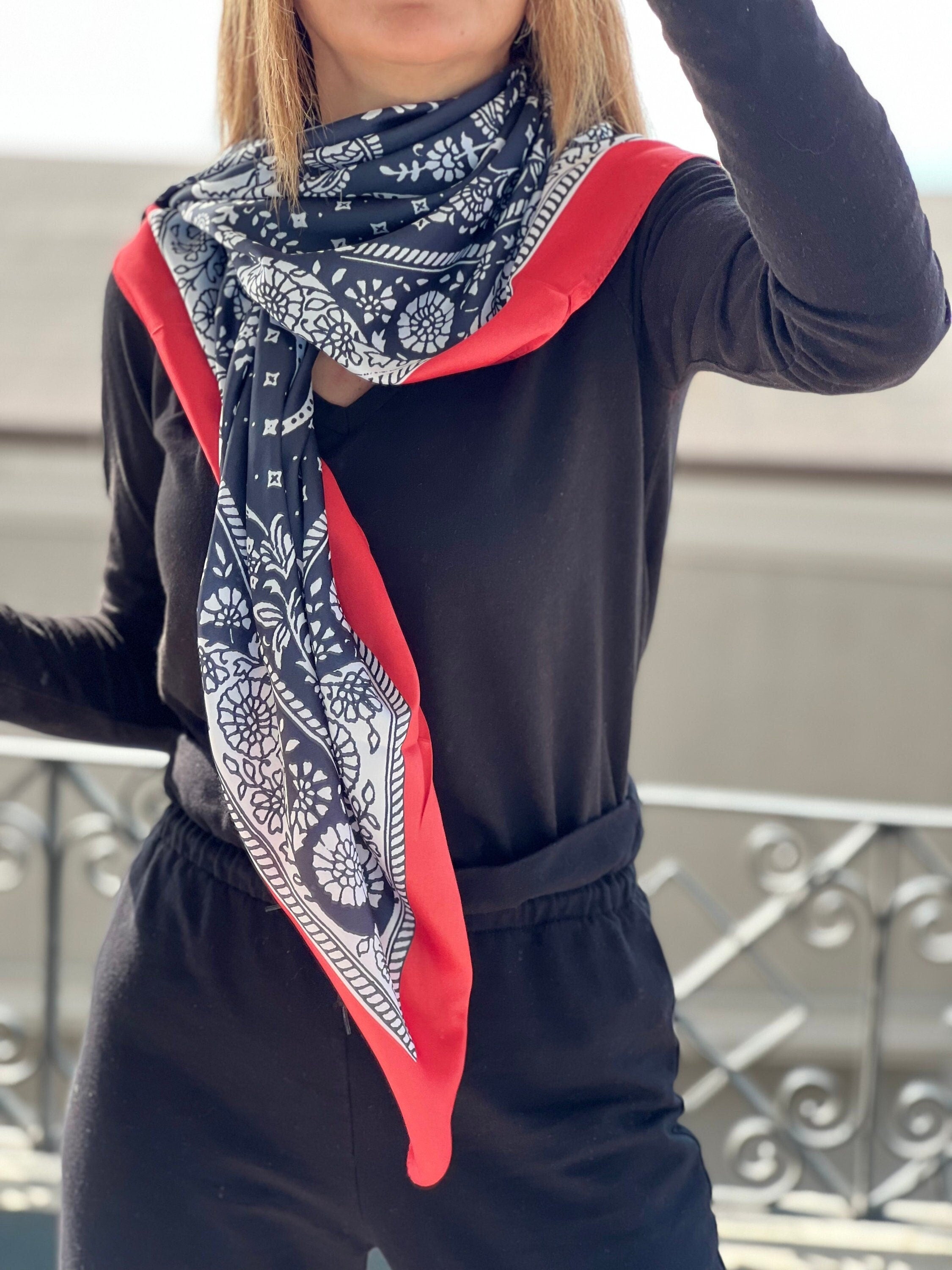 Stylish Elegant Red Black White Silk Satin Blend Scarf - All Season Design Neck Scarf, Large and Silky - Perfect Gift for Women available at Moyoni Design