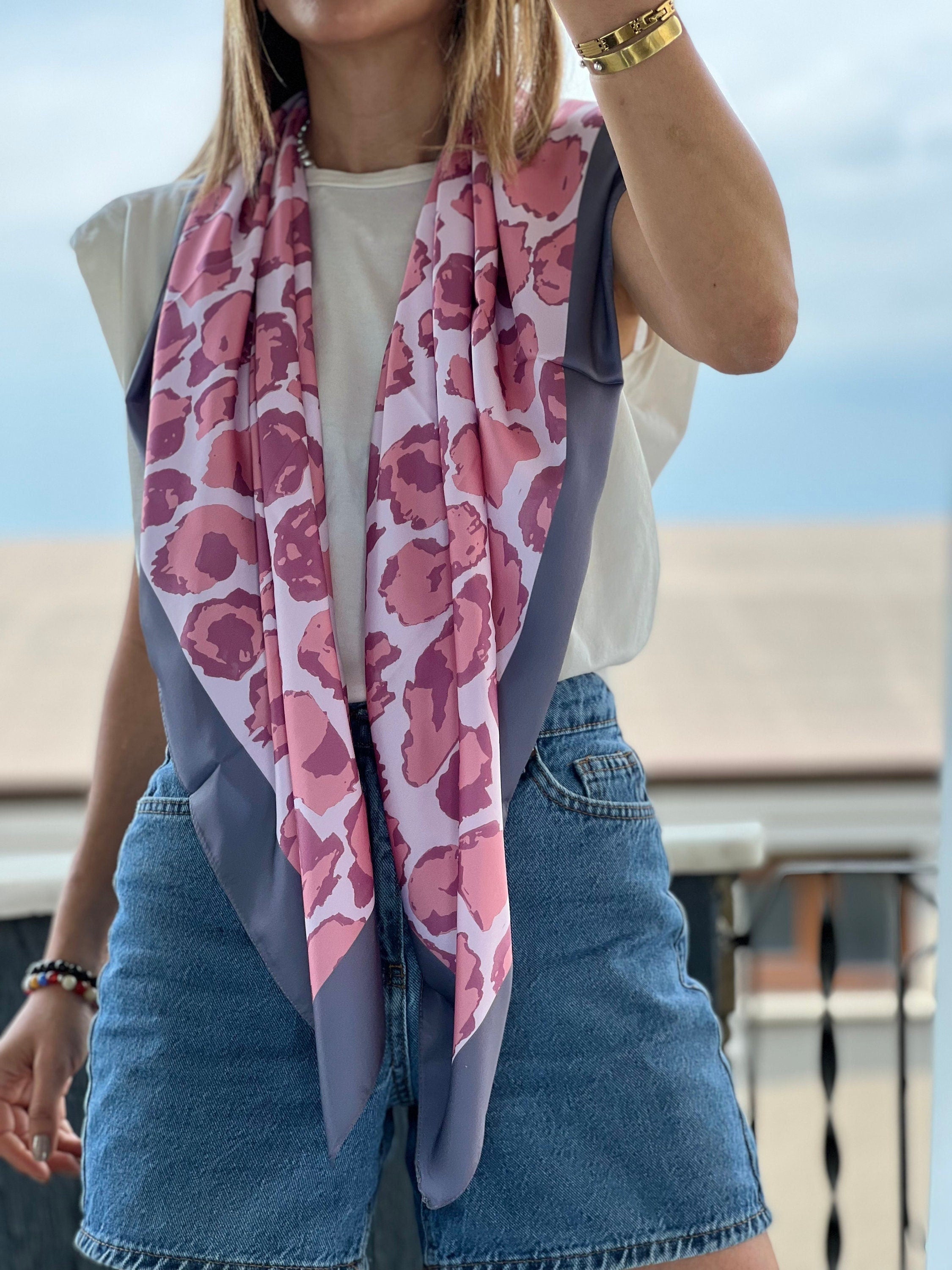 Luxurious Satin Blend Leopard Print Scarf in Navy Blue and Pink Lilac - All-Season Accessory and Gift for Women - Large Square Neck Scarf available at Moyoni Design