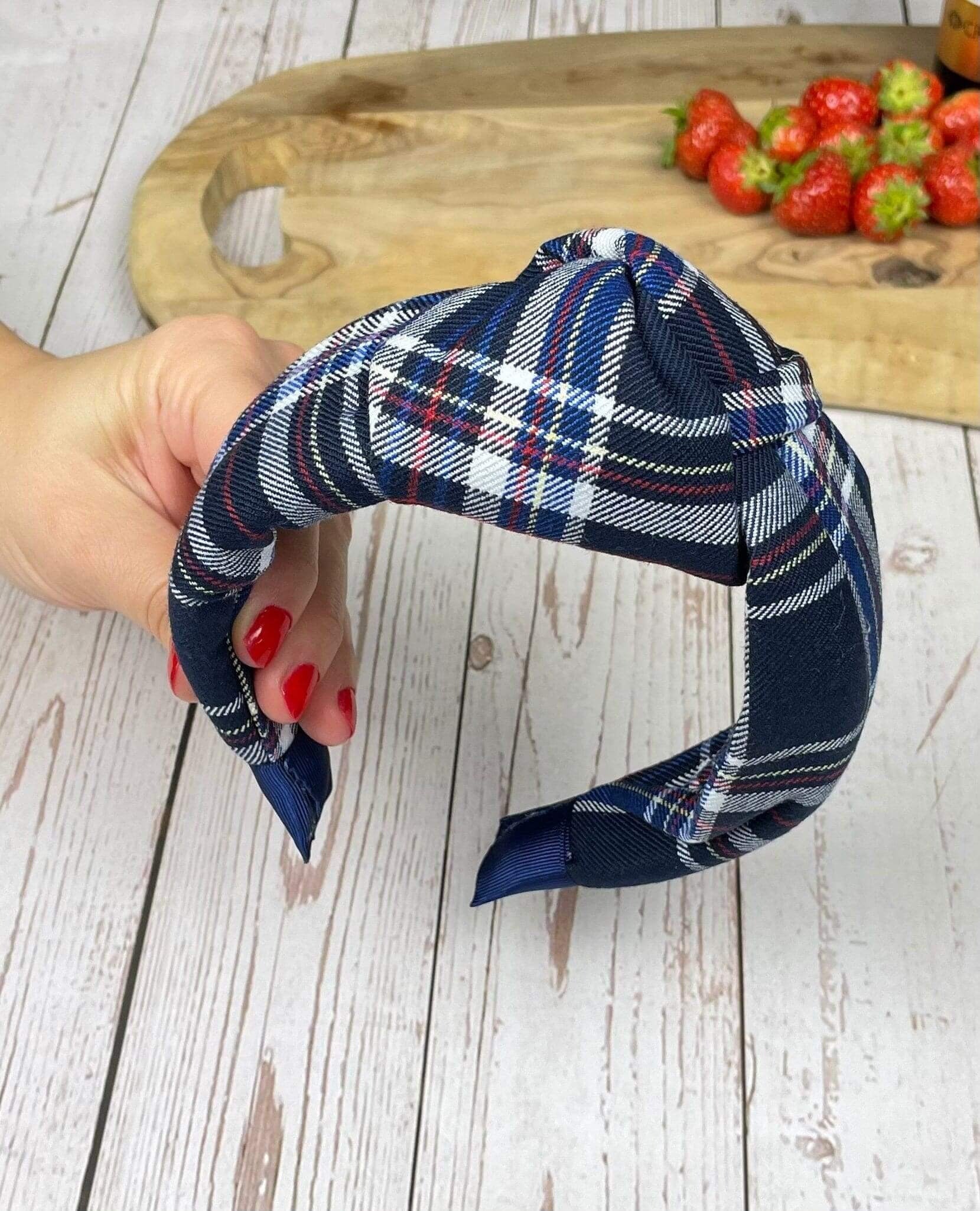 Elegant Navy Blue Christmas Plaid Pattern Headband - Fashionable Teenage Size Wide Hairband for All Seasons available at Moyoni Design