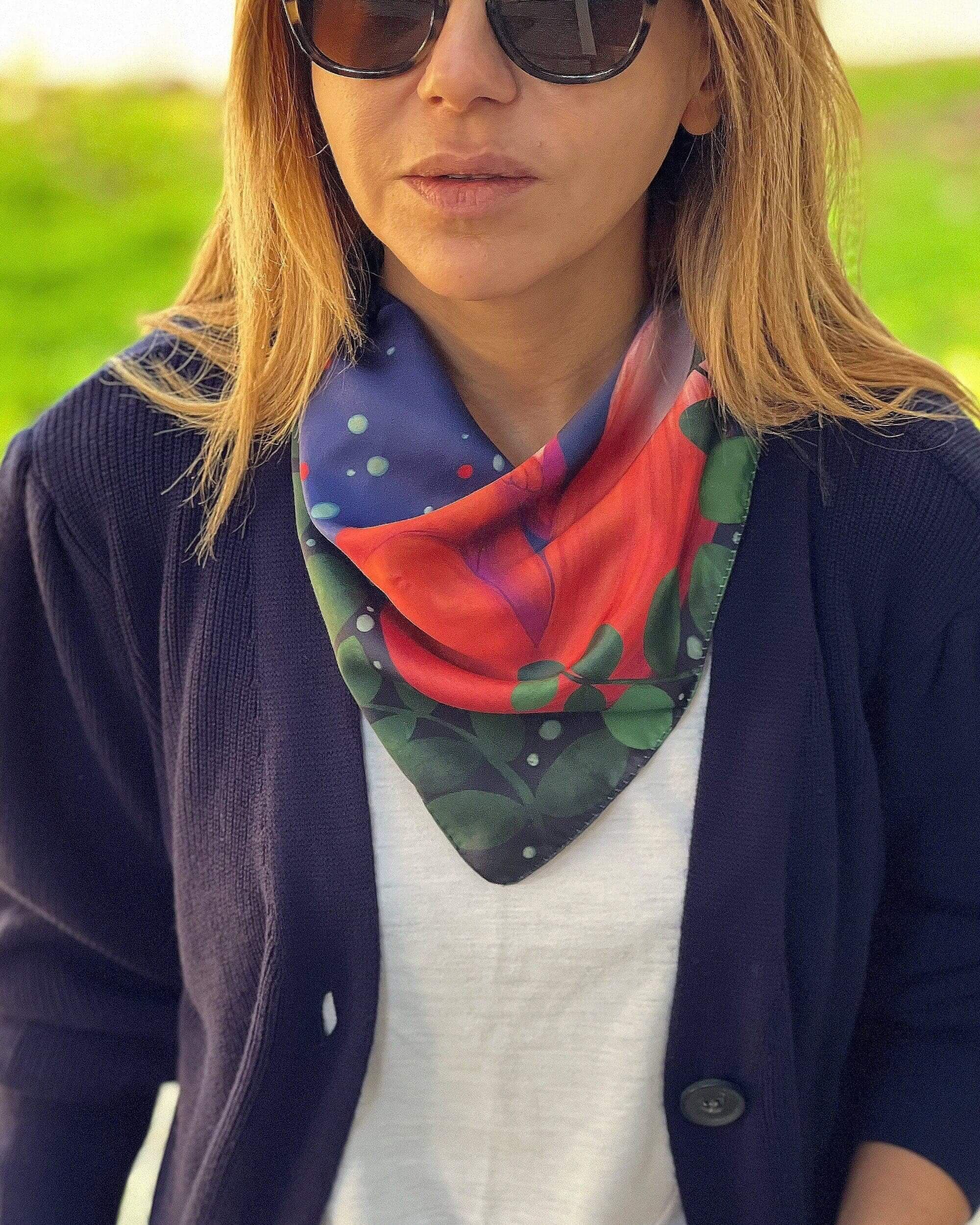 Satin Square Scarf-Fox Print Neck Scarf-60x60 cm Christmas Bandana-Winter Theme Silk Feel Wrap-Forest Animal Scarf-Gift for Her