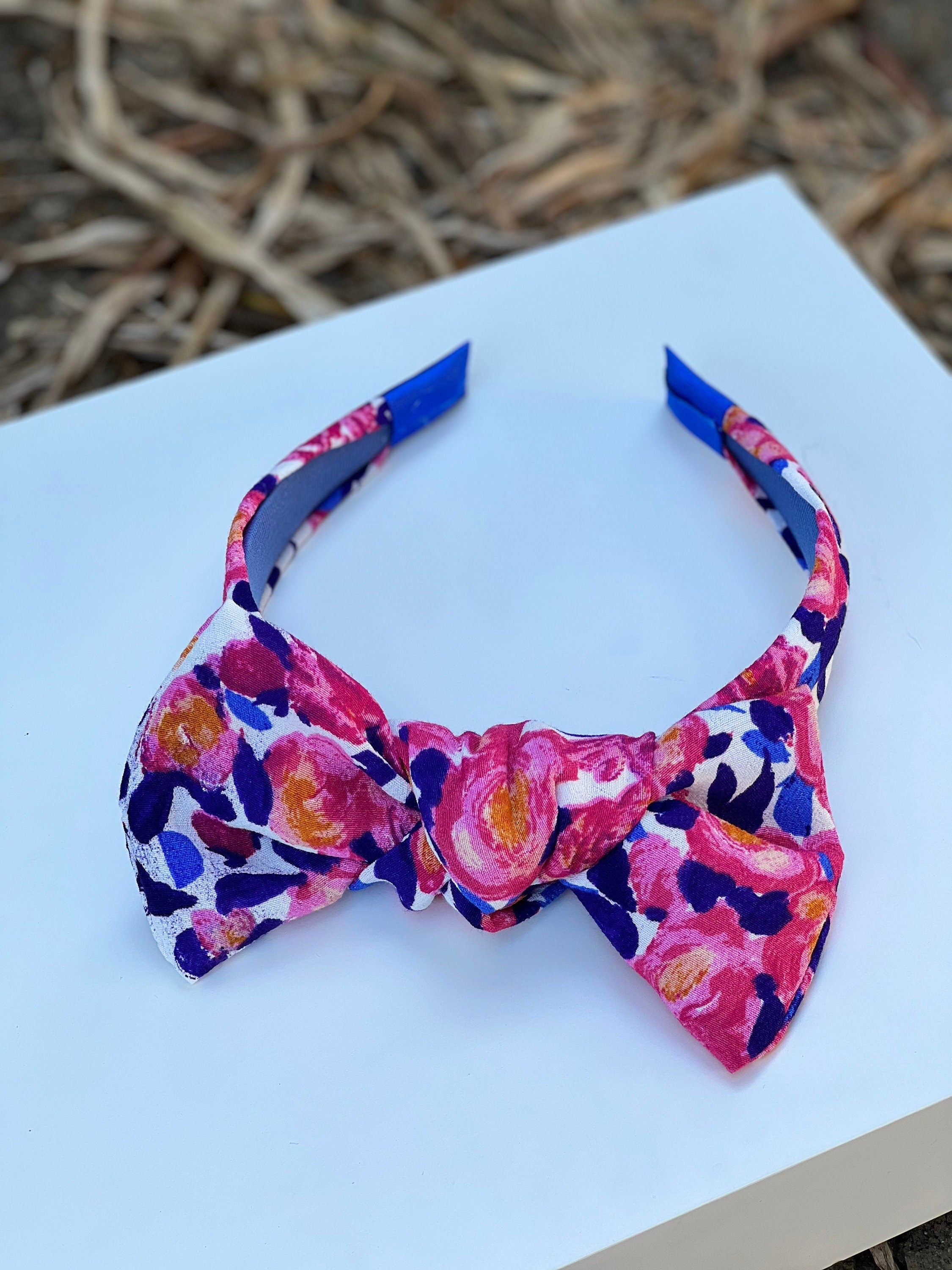 Delicate Multicolor Flower Pattern Hair Tie Headband for Women and Girls - Pink, Dark Blue, and White without Padded Bow available at Moyoni Design