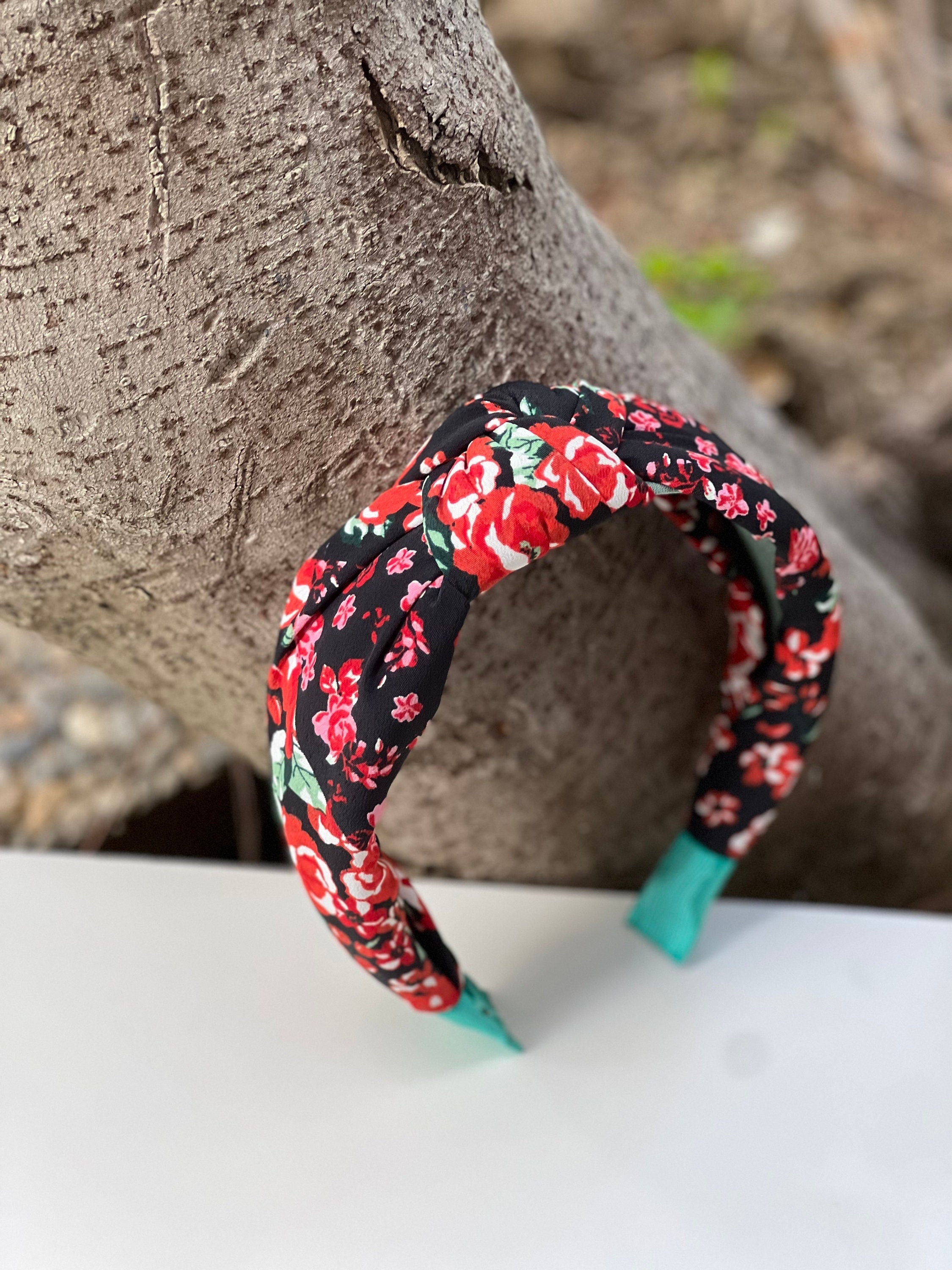 Beautiful Flower Knotted Headband - Women's Black and Red Floral Pattern Hairband for Stylish and Colorful Hair Accessories available at Moyoni Design