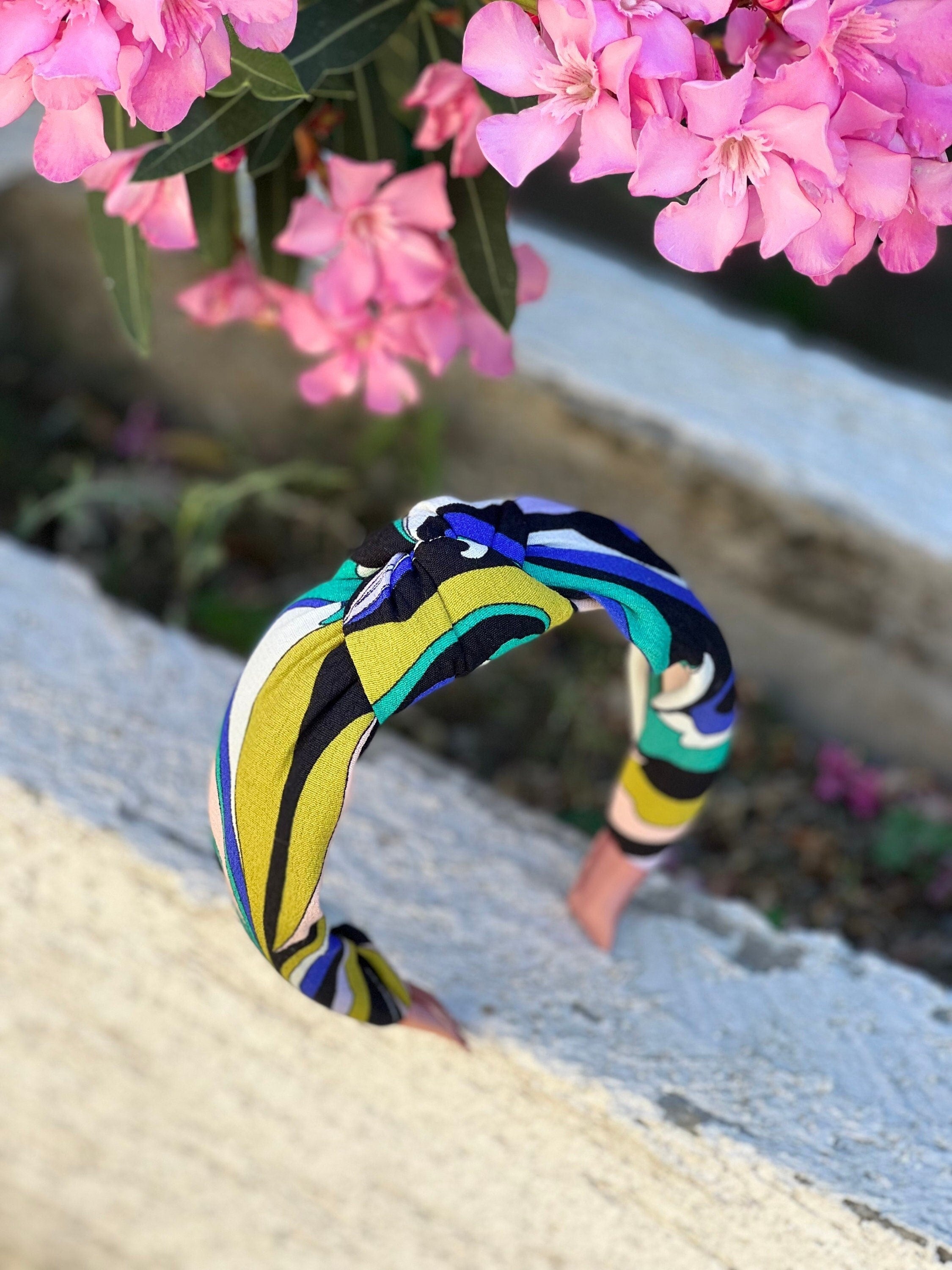 High-Quality Geometric Crepe Knotted Headband for Women - All Season Fashion Hairband in Black, White, Blue, and Green available at Moyoni Design