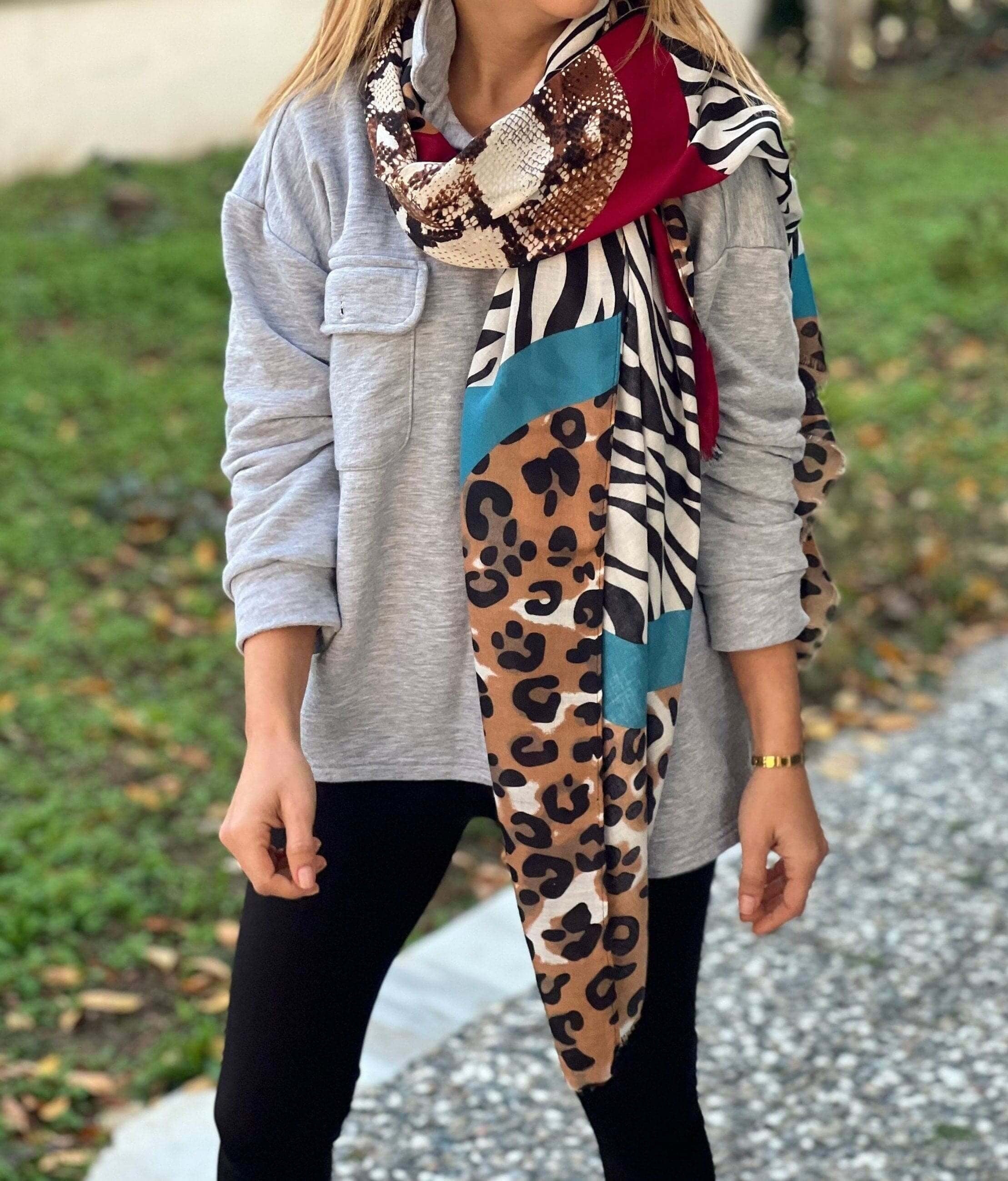 Trendy Cotton Animal Print Scarf with Softly Frayed Edges - All Season Rectangle Scarf, Wild Life Pattern Scarf - Leopard Zebra Snake Pattern available at Moyoni Design