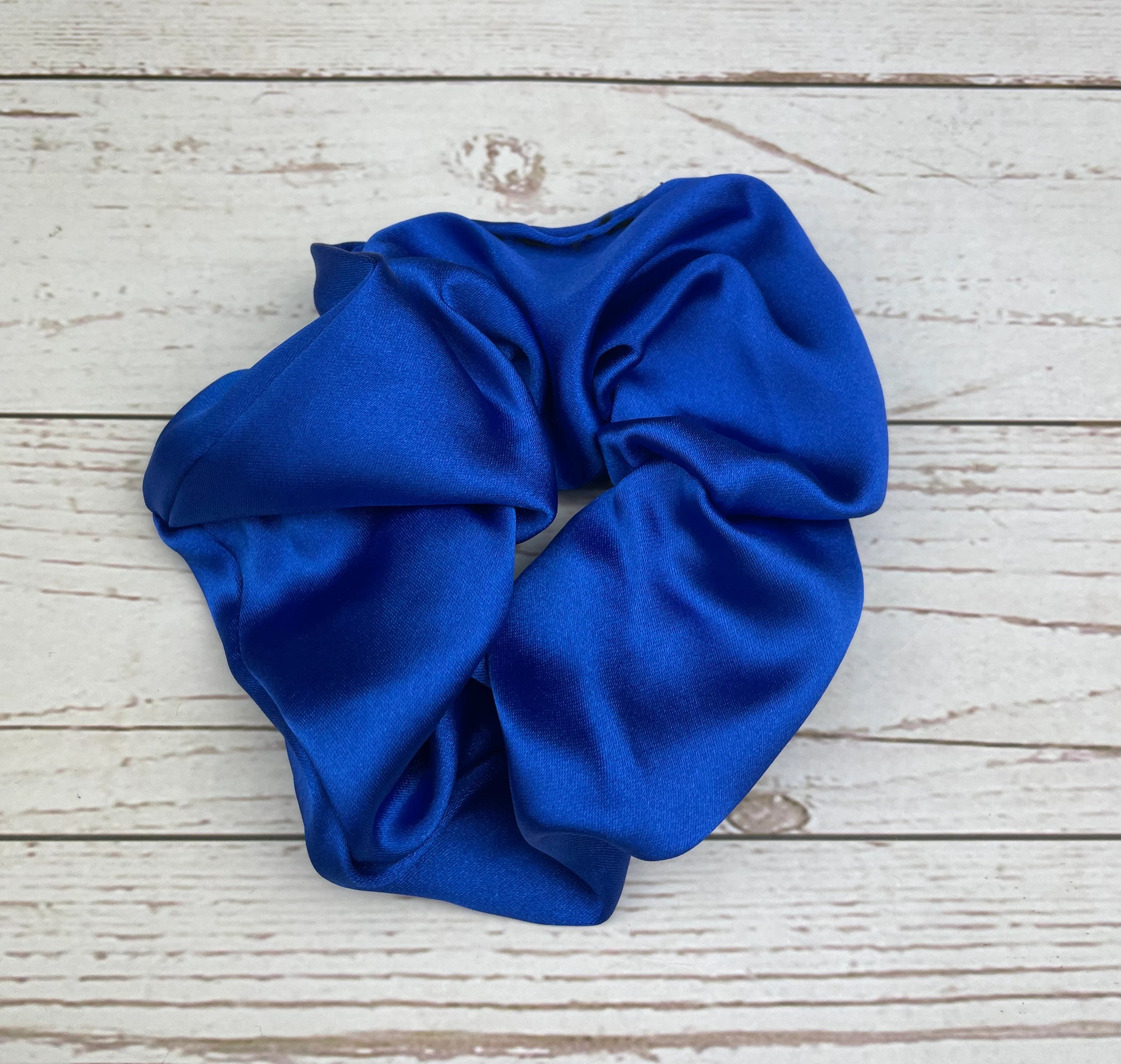 Handmade Satin Scrunchie with Bow - Colorful Hair Accessory in Parliament Blue, Purple, Dark Blue, Green, and Fuchsia