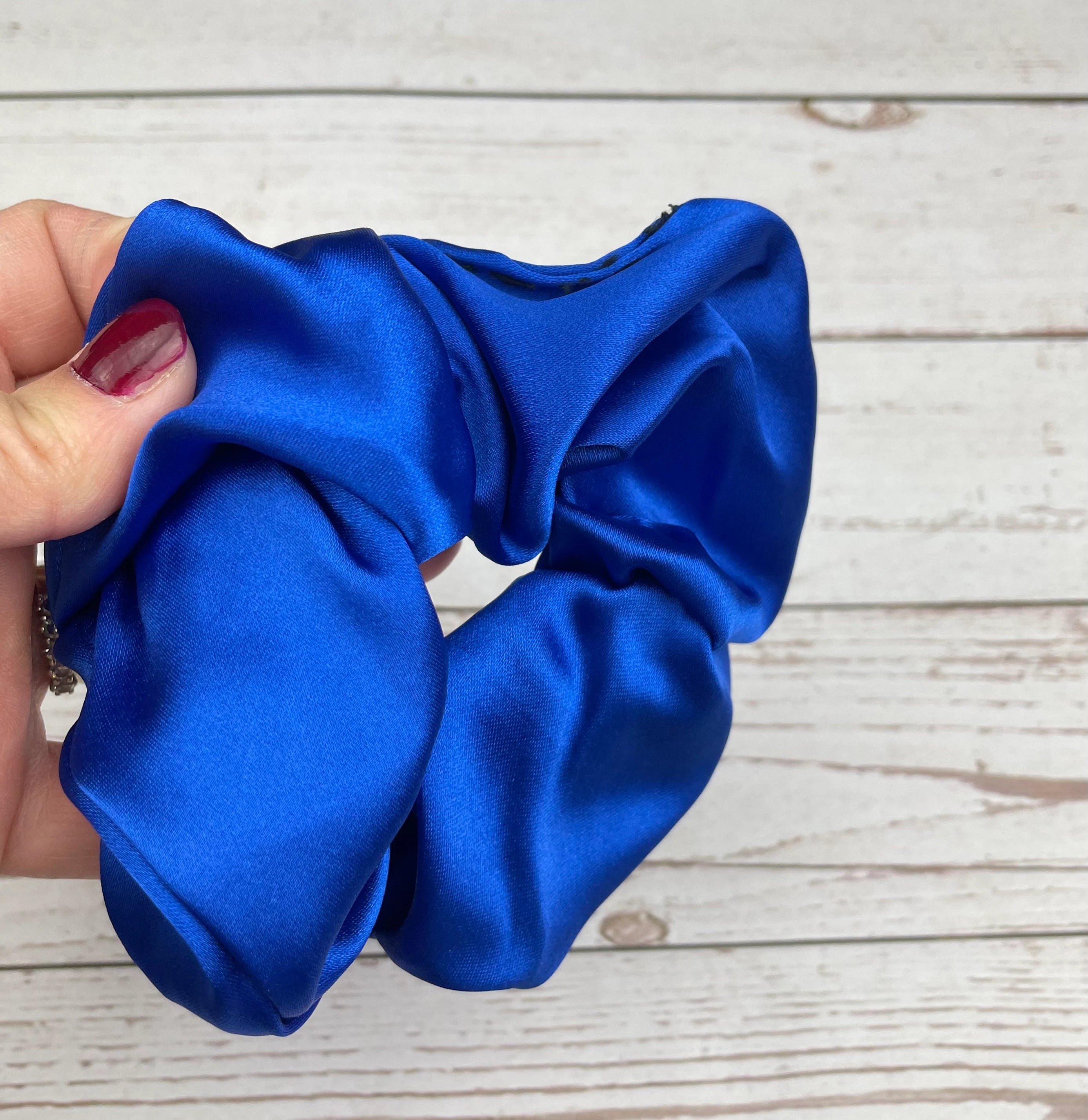 Handmade Satin Scrunchie with Bow - Colorful Hair Accessory in Parliament Blue, Purple, Dark Blue, Green, and Fuchsia