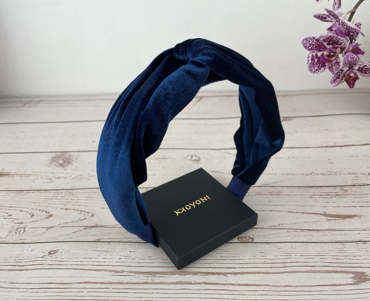 Handmade Knotted Velvet Headband: Dark Navy Blue Hair Accessory