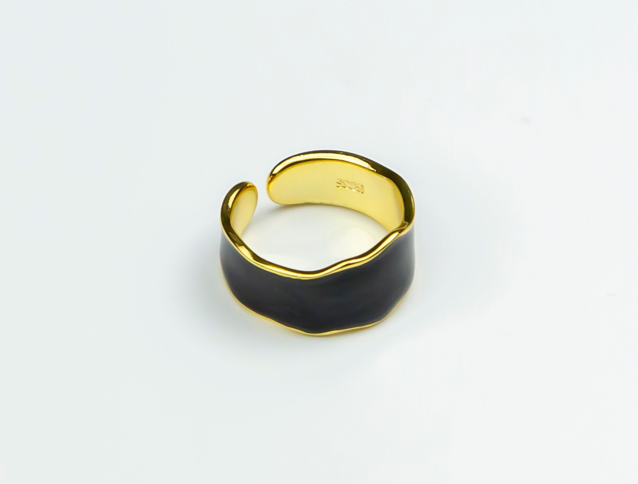 Gold Plated Black Enamel Ring - Stackable, Adjustable, Retro Irregular Edge - Luxury Women's Trending Jewelry