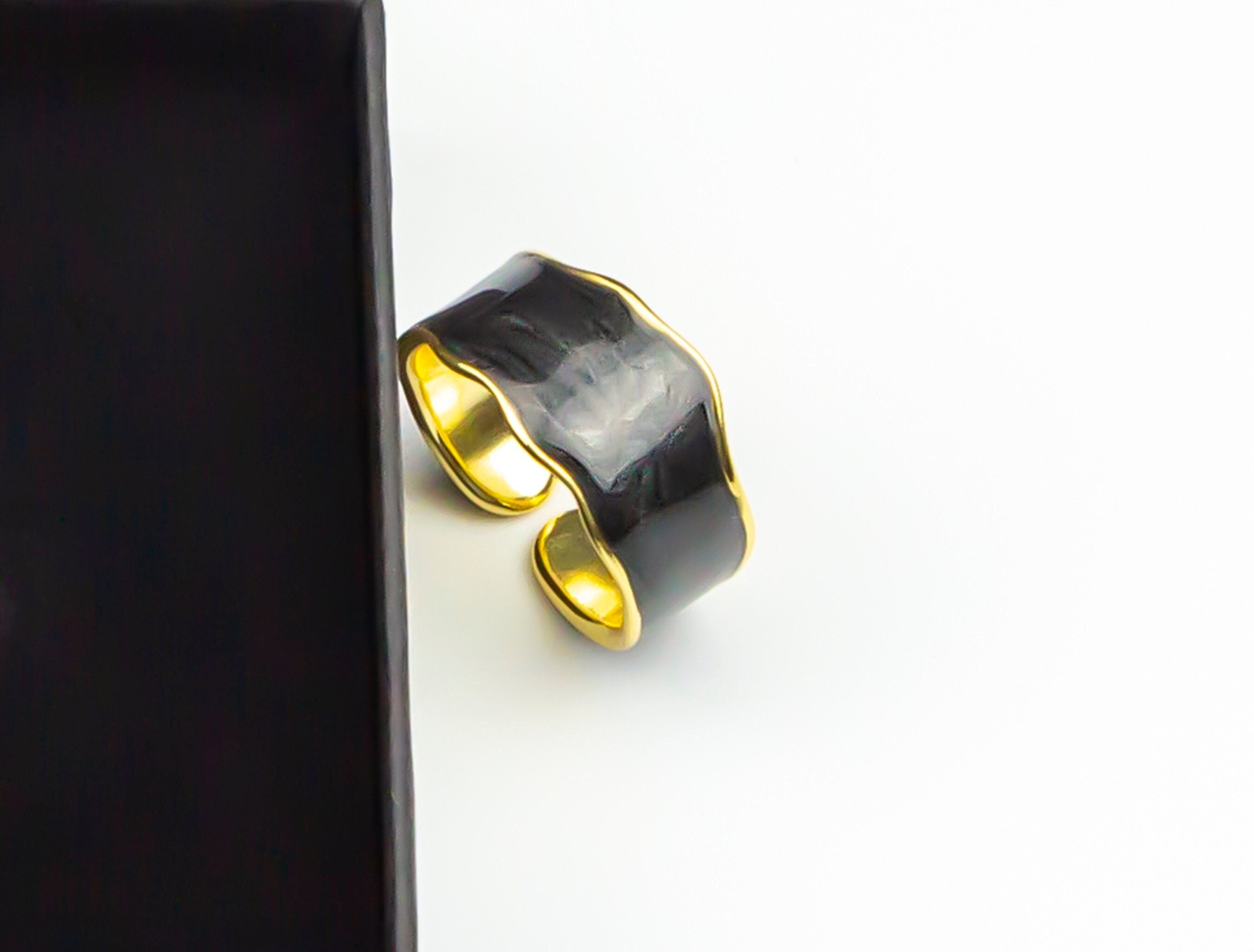Gold Plated Black Enamel Ring - Stackable, Adjustable, Retro Irregular Edge - Luxury Women's Trending Jewelry