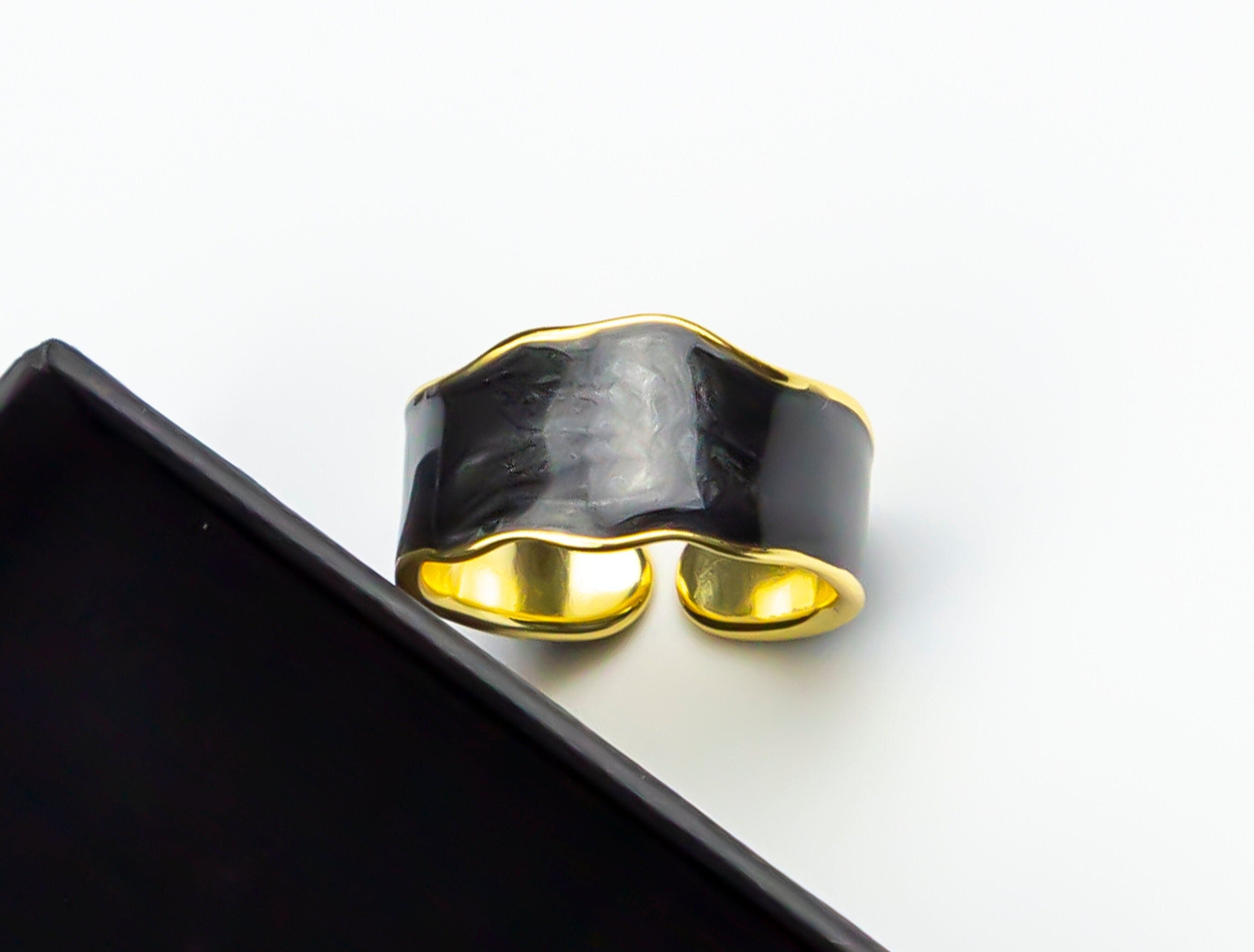 Gold Plated Black Enamel Ring - Stackable, Adjustable, Retro Irregular Edge - Luxury Women's Trending Jewelry
