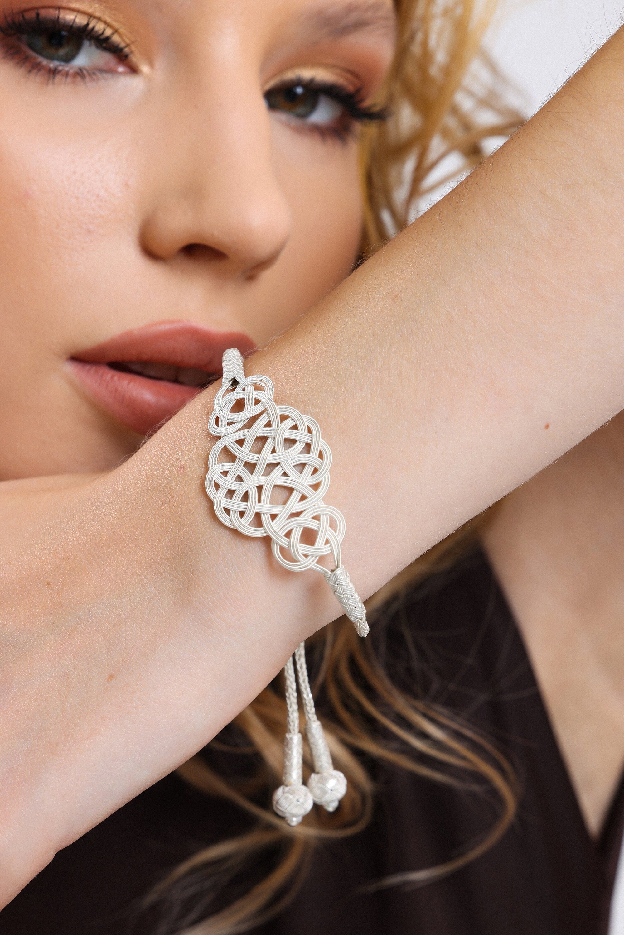 Unique Handcrafted Celtic Knot Hair Barrette Braided Bracelet - Thin Silver-Toned Metal Hair Accessory available at Moyoni Design