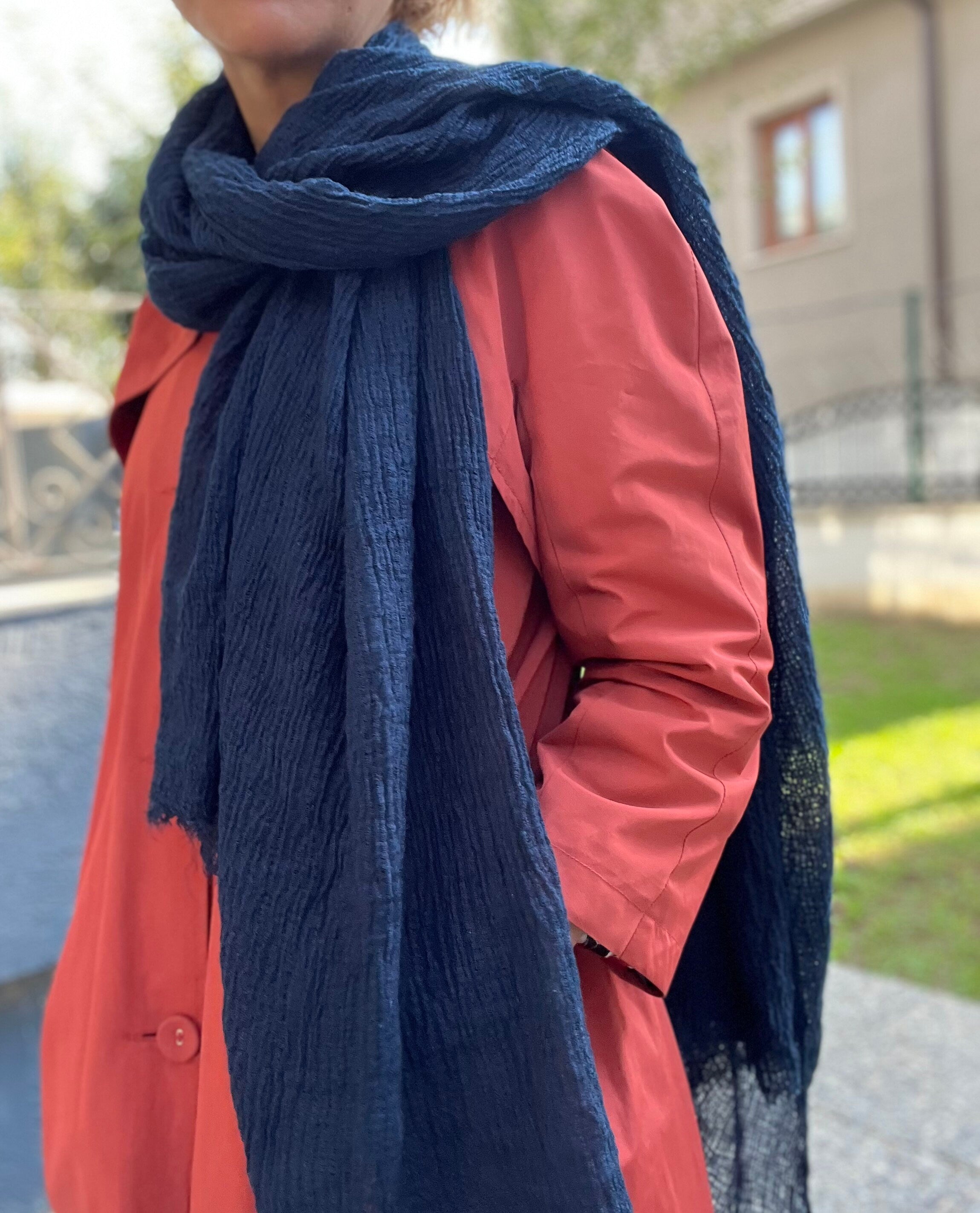 Dark Blue Organic Cotton Scarf - 100% Eco-Friendly Rectangle Navy Blue Scarf for Her