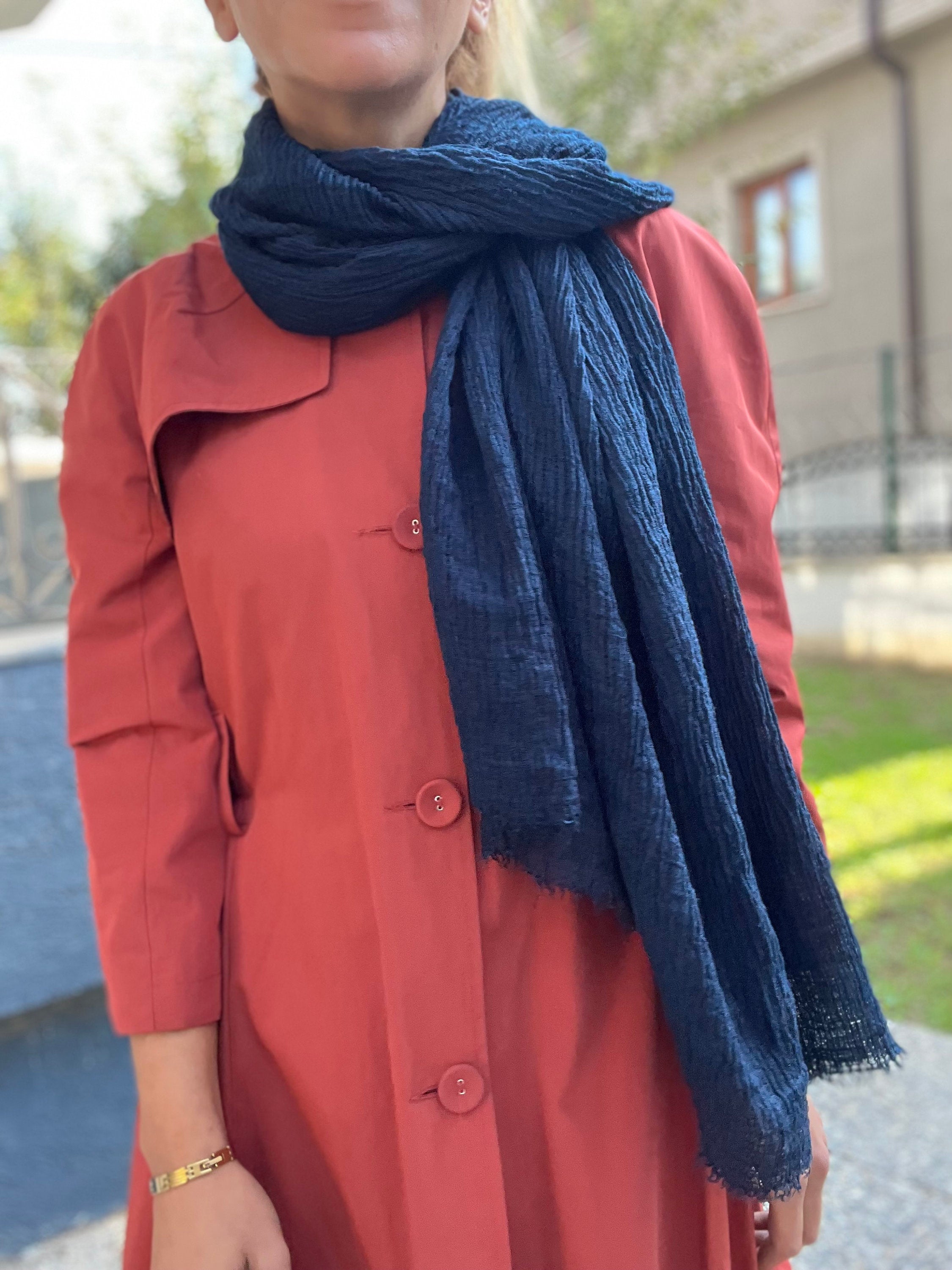Dark Blue Organic Cotton Scarf - 100% Eco-Friendly Rectangle Navy Blue Scarf for Her