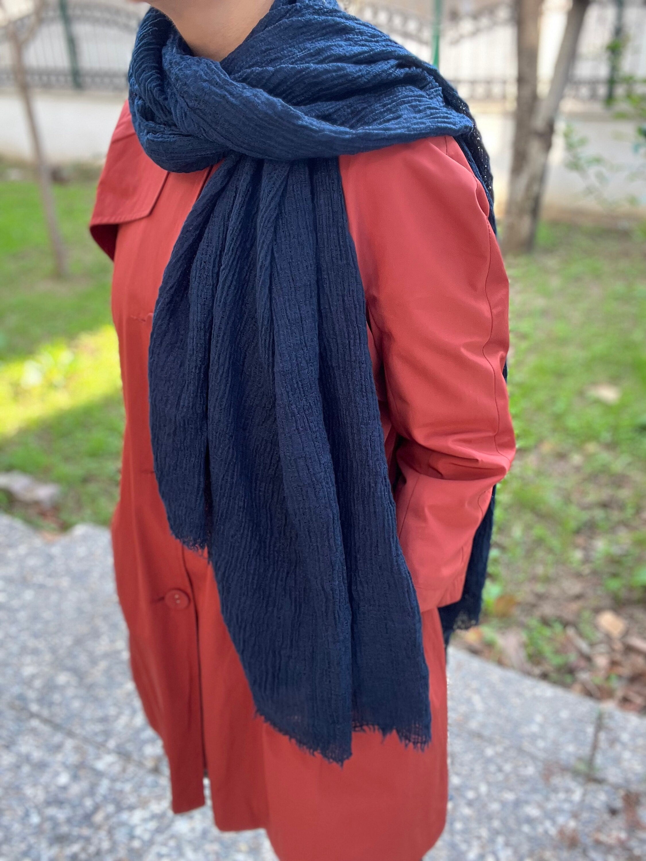 Dark Blue Organic Cotton Scarf - 100% Eco-Friendly Rectangle Navy Blue Scarf for Her