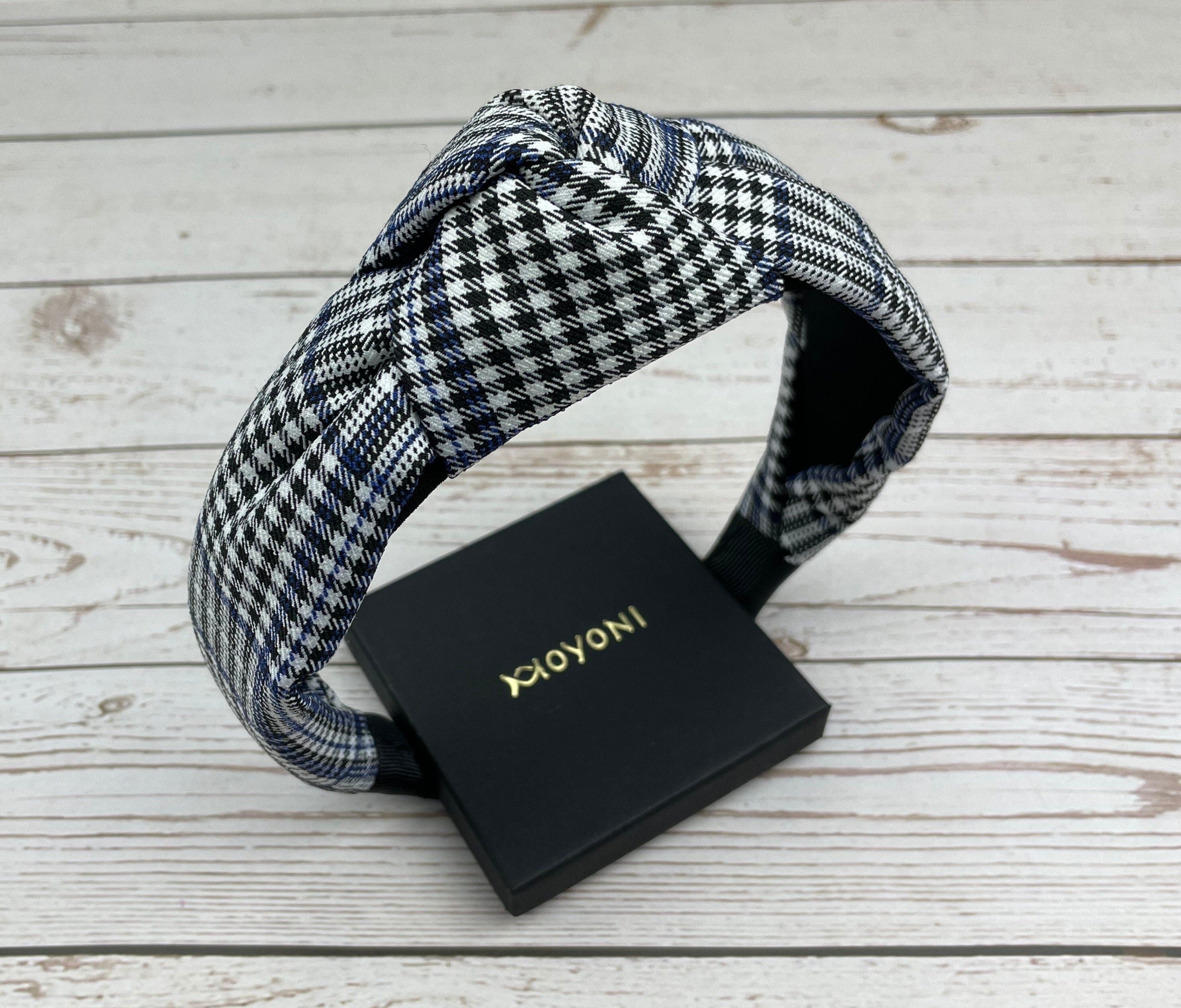 Elegant Classic Knotted Headband in Crepe White and Black with Dark Blue Stripes - Fashionable Hair Accessory for Women, Perfect for College available at Moyoni Design