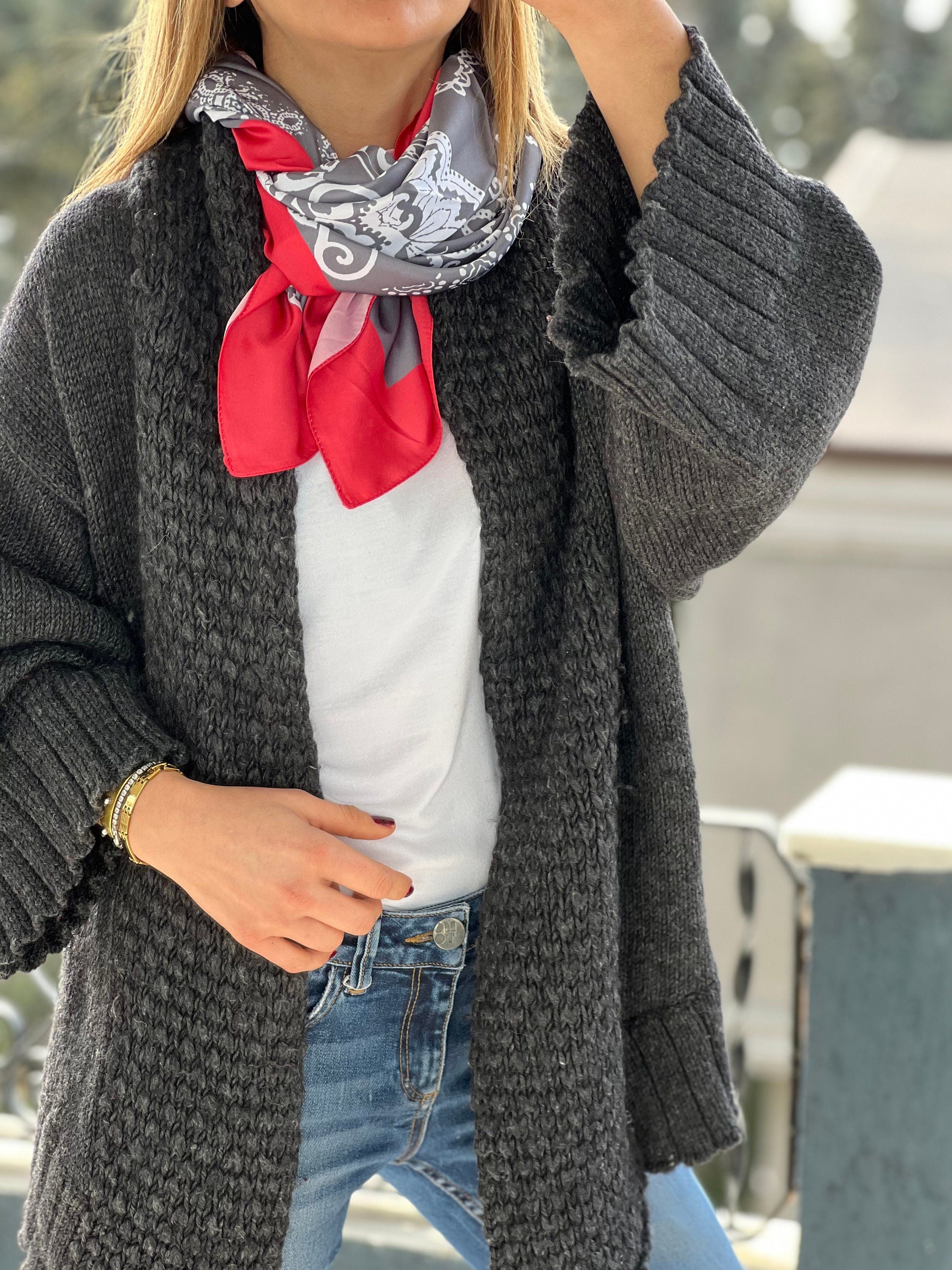 Elegant Red Gray White Silk Satin Blend Scarf - All Season Design Neck Scarf, Large and Silky - Perfect Gift for Women