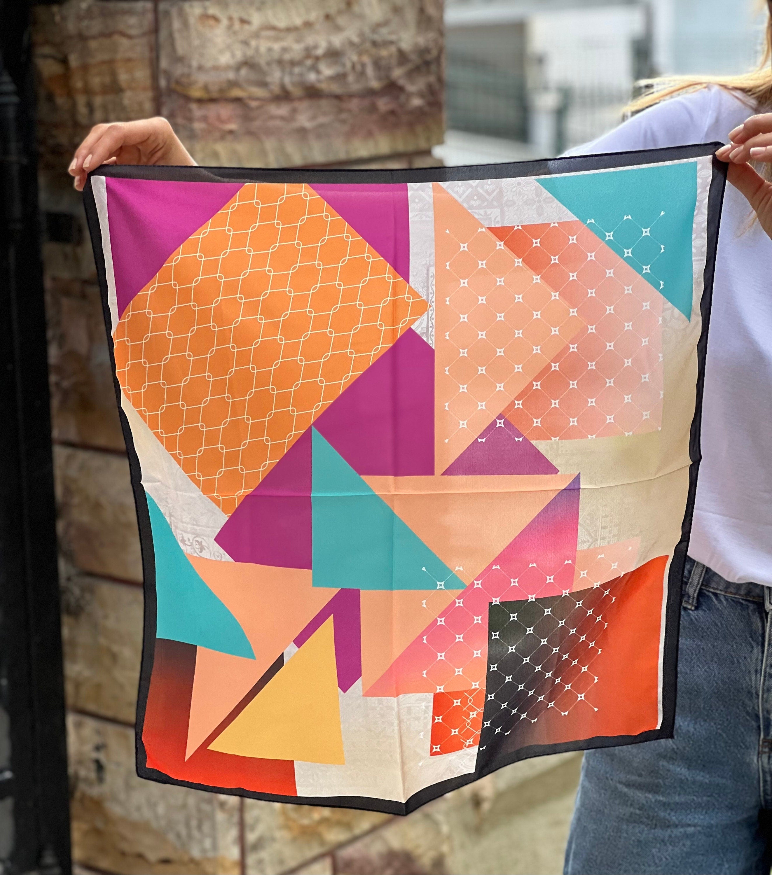 Geometric Pattern Silk & Satin Blend Scarf for Women - Pink, Red, Orange, White - Perfect Gift for All Seasons