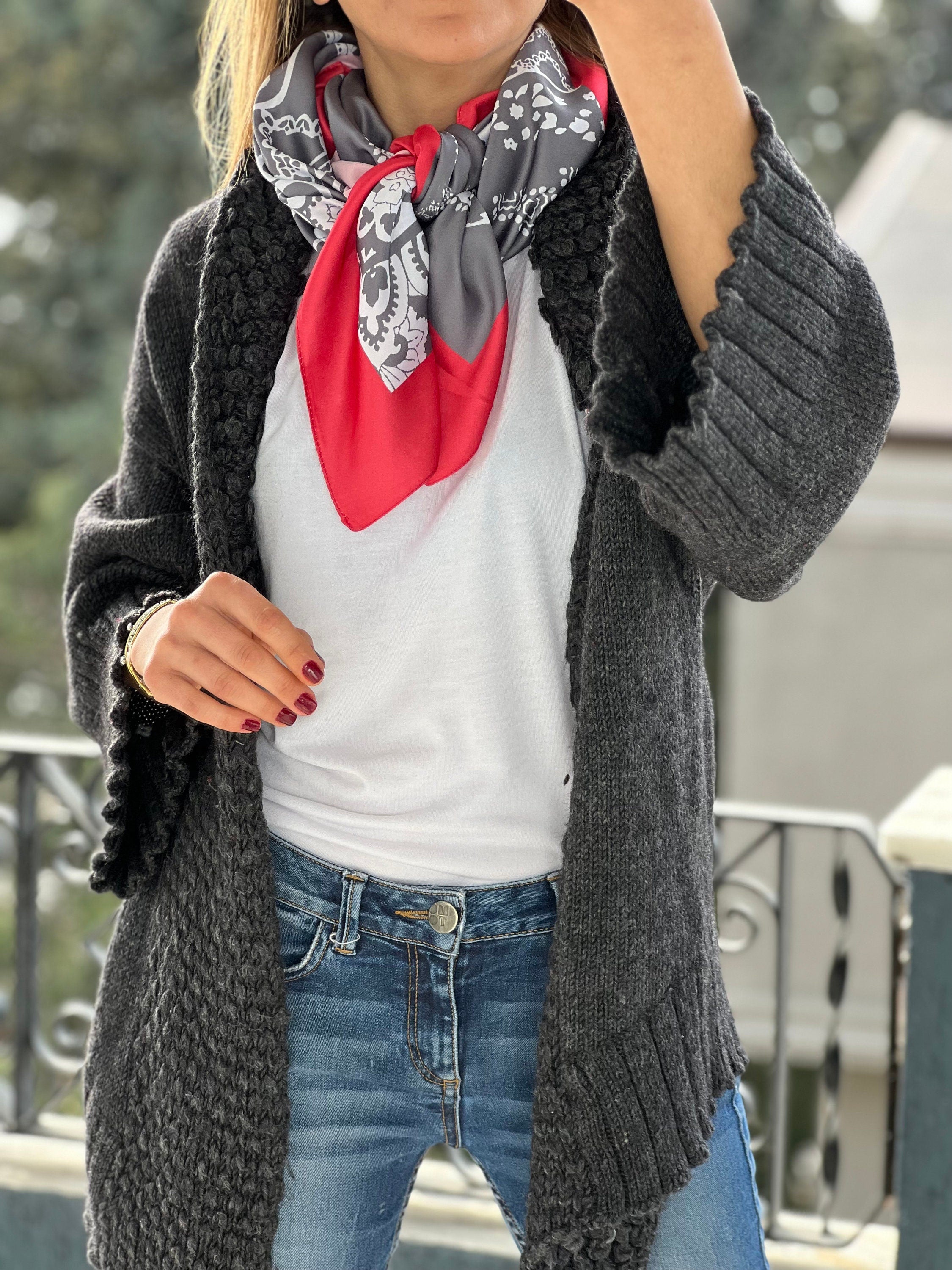 Elegant Red Gray White Silk Satin Blend Scarf - All Season Design Neck Scarf, Large and Silky - Perfect Gift for Women