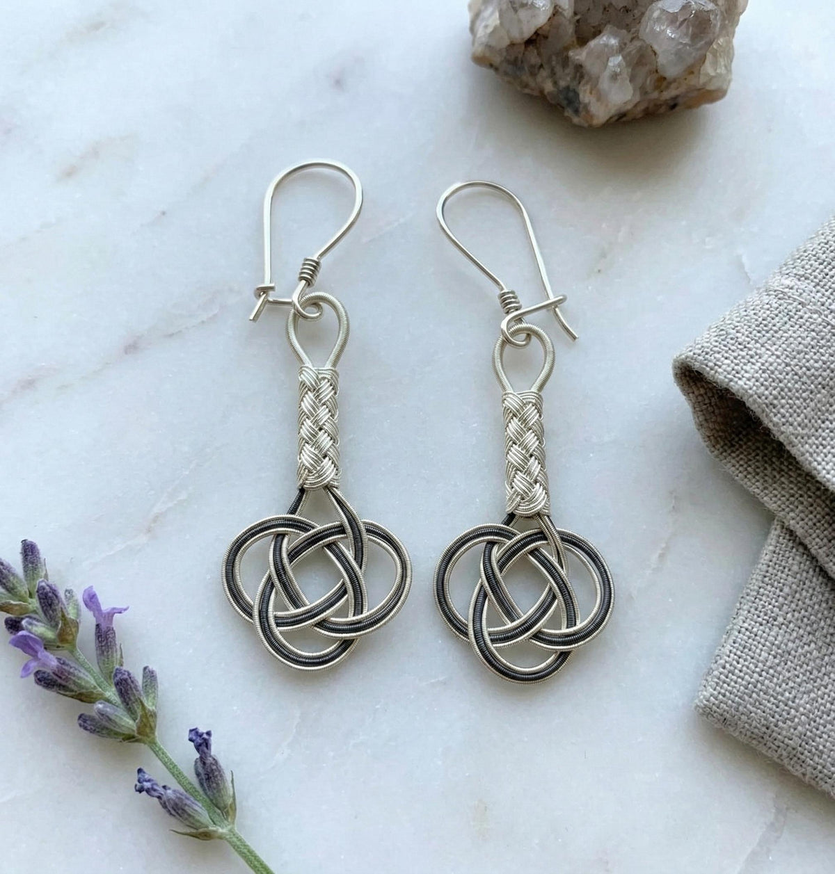 Braided Sterling Silver Dangle Earrings: Two-Tone Boho Jewelry