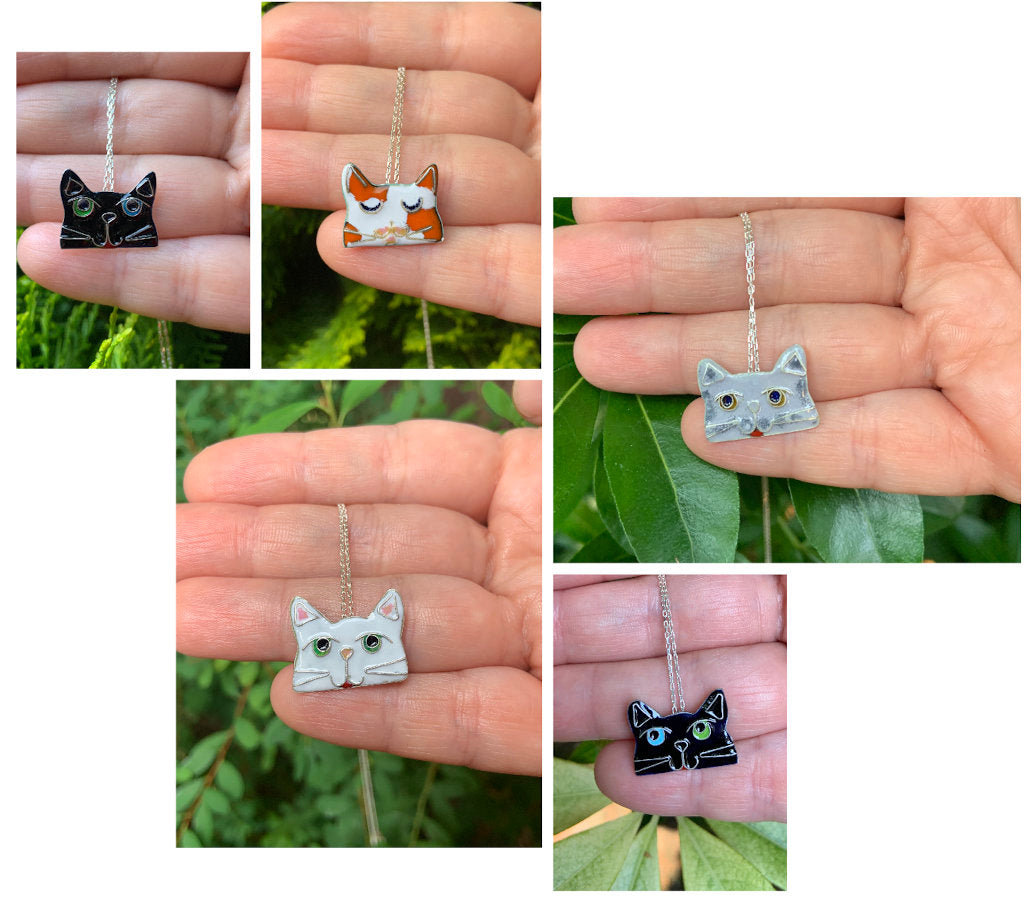 Sterling Silver Cat Pendant Jewelry with Cloisonné Enamel