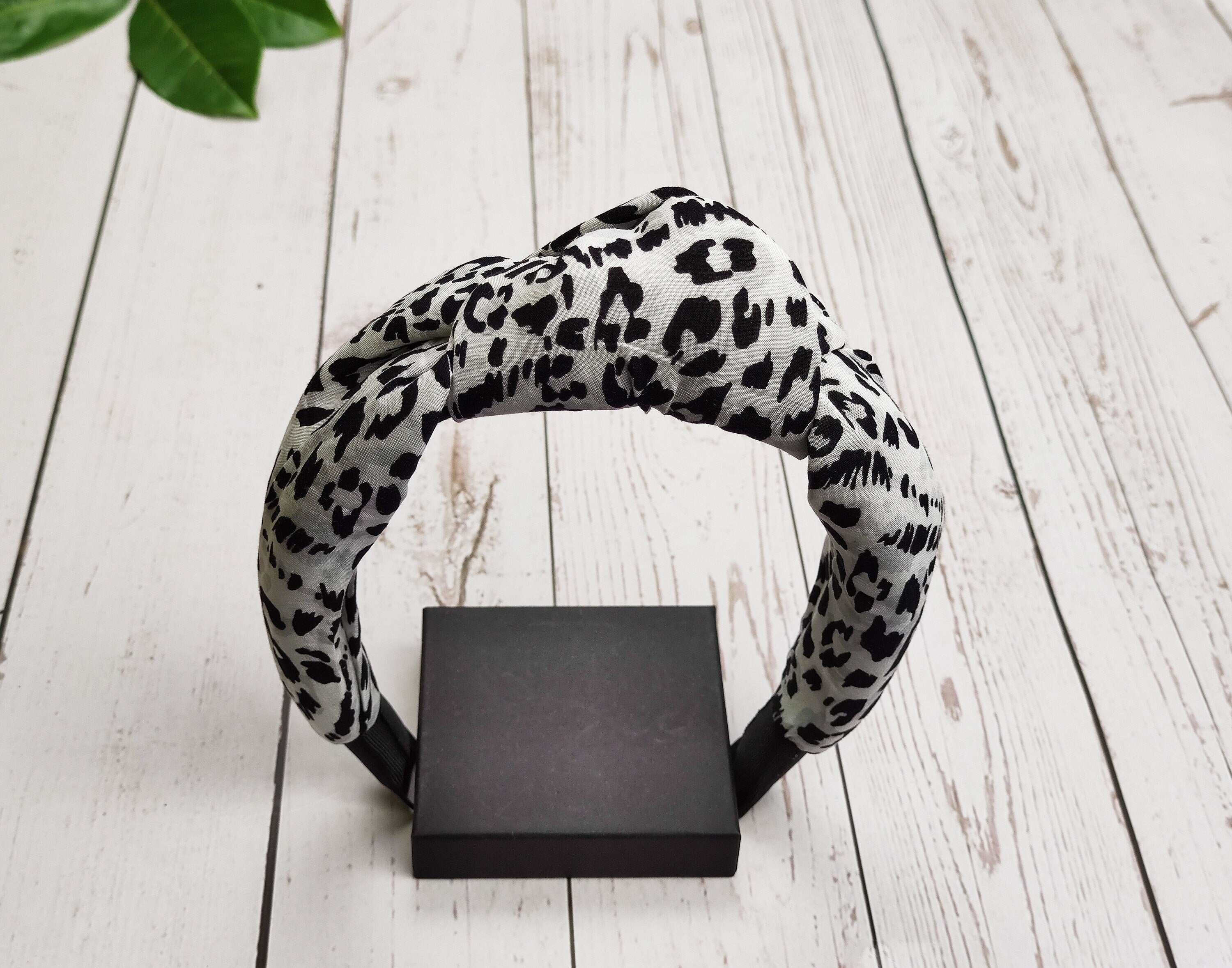 Elegant Leopard Print Knotted Headband - Women's Stylish Wide Hairband in White, Gray, and Black - Padded Viscose Fabric Headband available at Moyoni Design