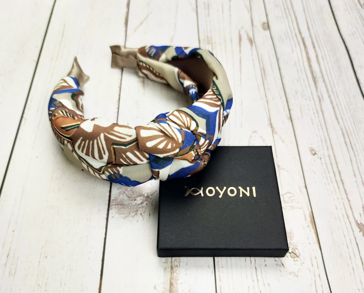 Stylish Blue Brown Beige Leaf Pattern Knotted Headband - Wide Women's Hairband in Viscose Crepe