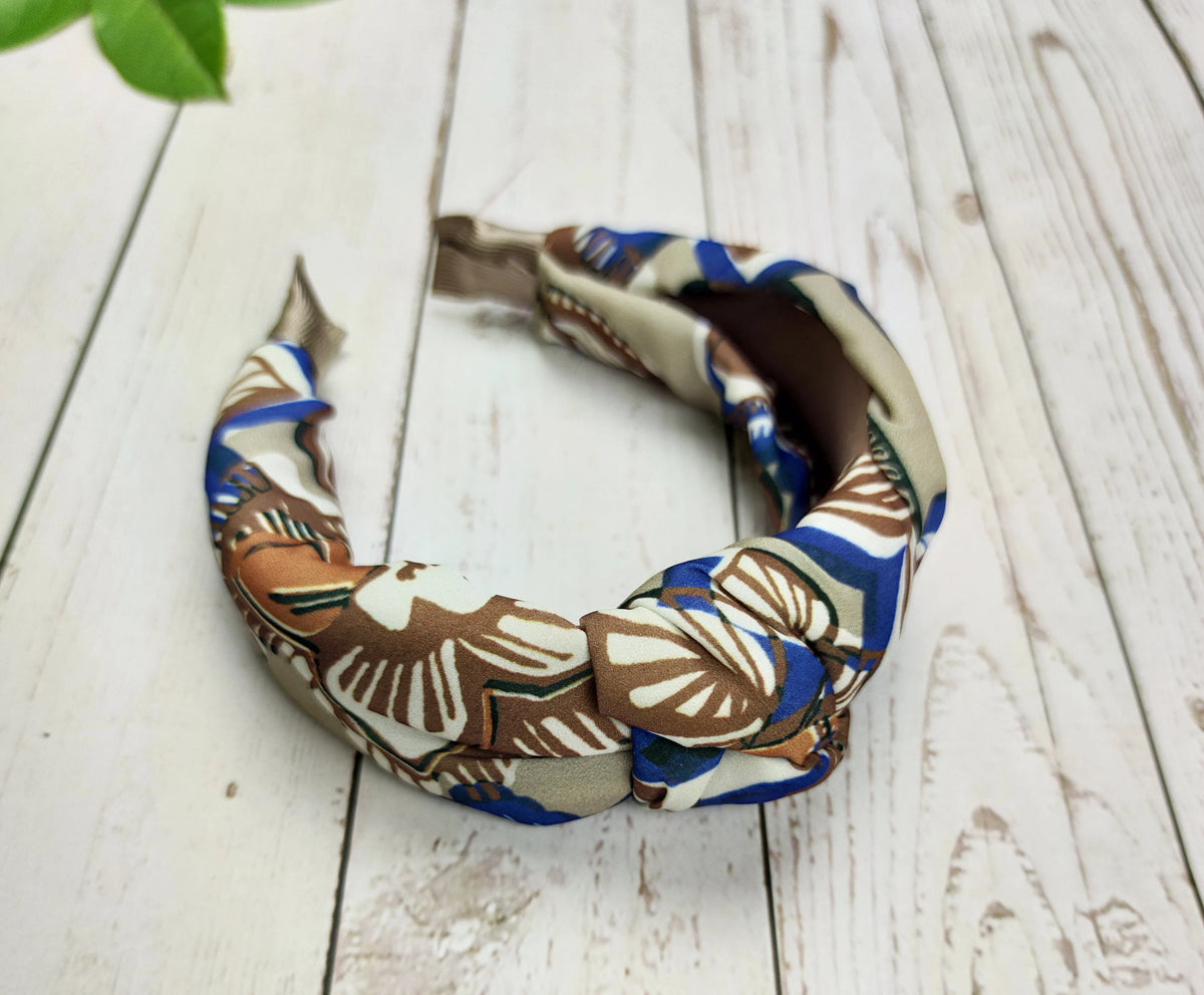 Stylish Blue Brown Beige Leaf Pattern Knotted Headband - Wide Women's Hairband in Viscose Crepe