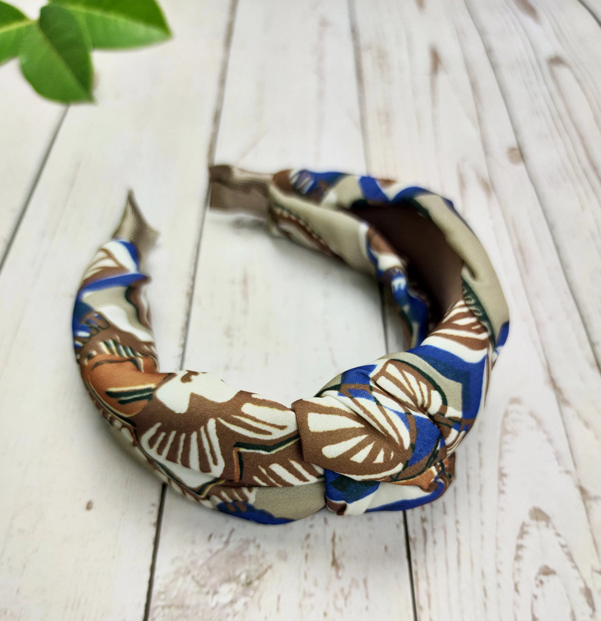 Stylish Blue Brown Beige Leaf Pattern Knotted Headband - Wide Women's Hairband in Viscose Crepe