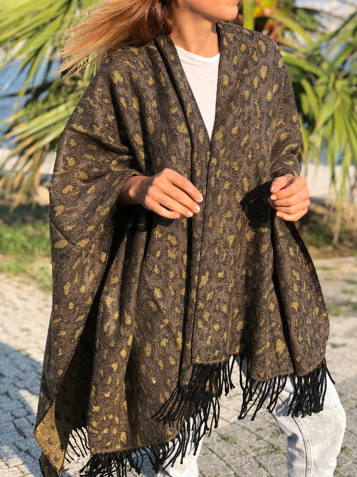 Brown Wool & Acrylic Leopard Pattern Poncho Shawl for Autumn and Winter, Wrap Winter Open Front Poncho Coat