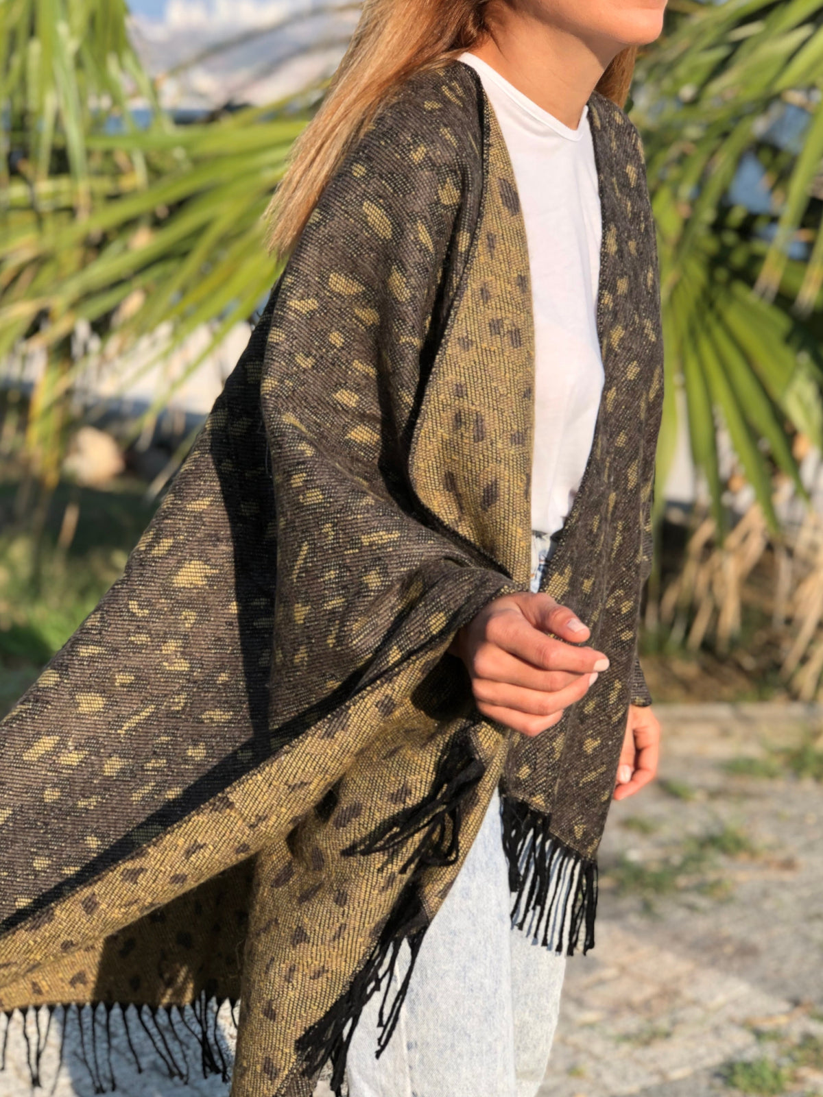 Brown Wool & Acrylic Leopard Pattern Poncho Shawl for Autumn and Winter, Wrap Winter Open Front Poncho Coat