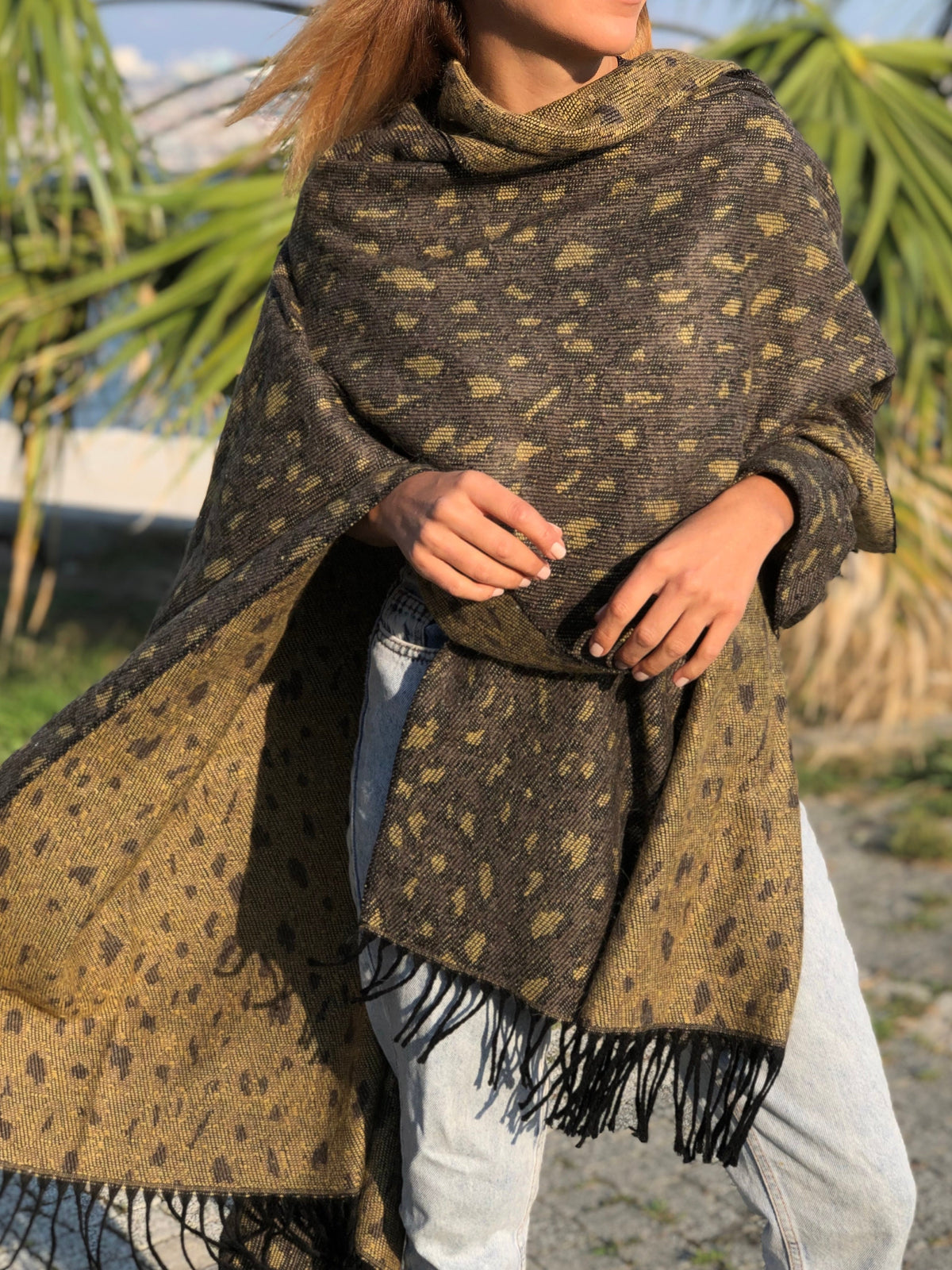 Brown Wool & Acrylic Leopard Pattern Poncho Shawl for Autumn and Winter, Wrap Winter Open Front Poncho Coat