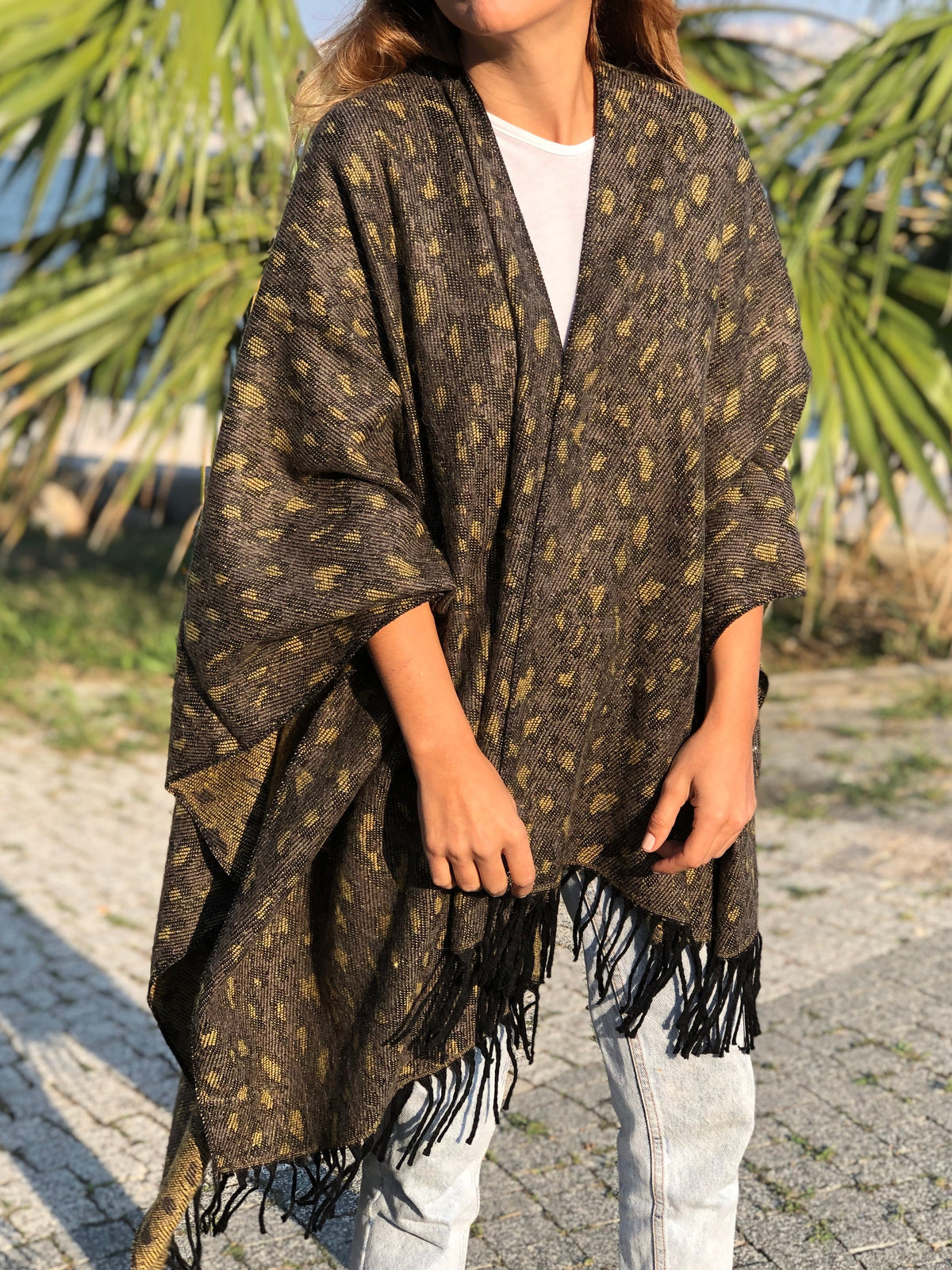 Brown Wool & Acrylic Leopard Pattern Poncho Shawl for Autumn and Winter, Wrap Winter Open Front Poncho Coat
