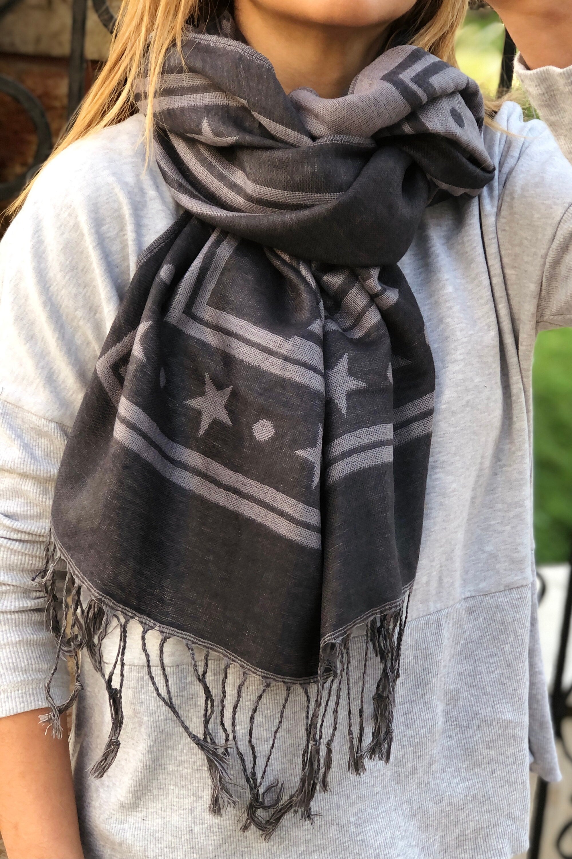 Anthracite Gray Acrylic Cotton Scarf - Large Rectangle Scarf with Geometric and Star Pattern - Perfect Gift for Mum