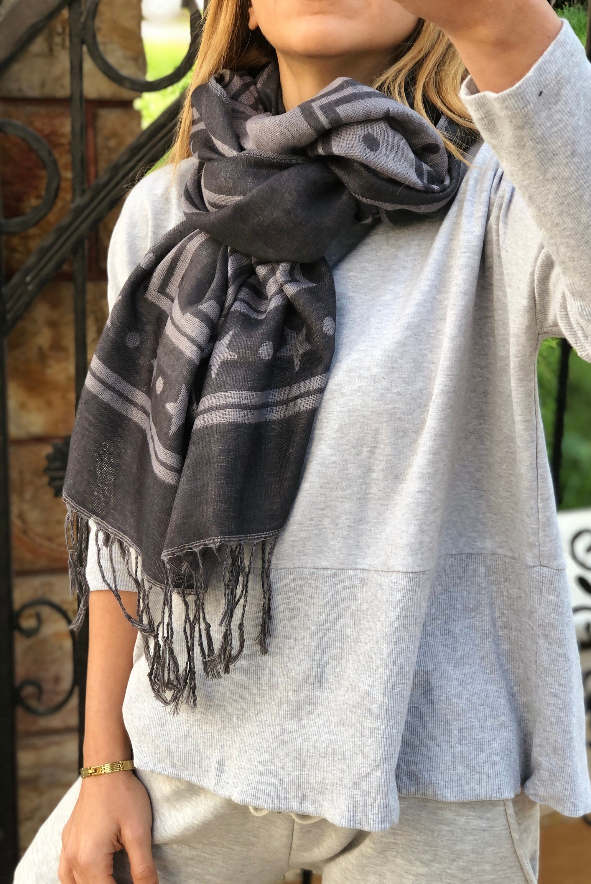 Anthracite Gray Acrylic Cotton Scarf - Large Rectangle Scarf with Geometric and Star Pattern - Perfect Gift for Mum