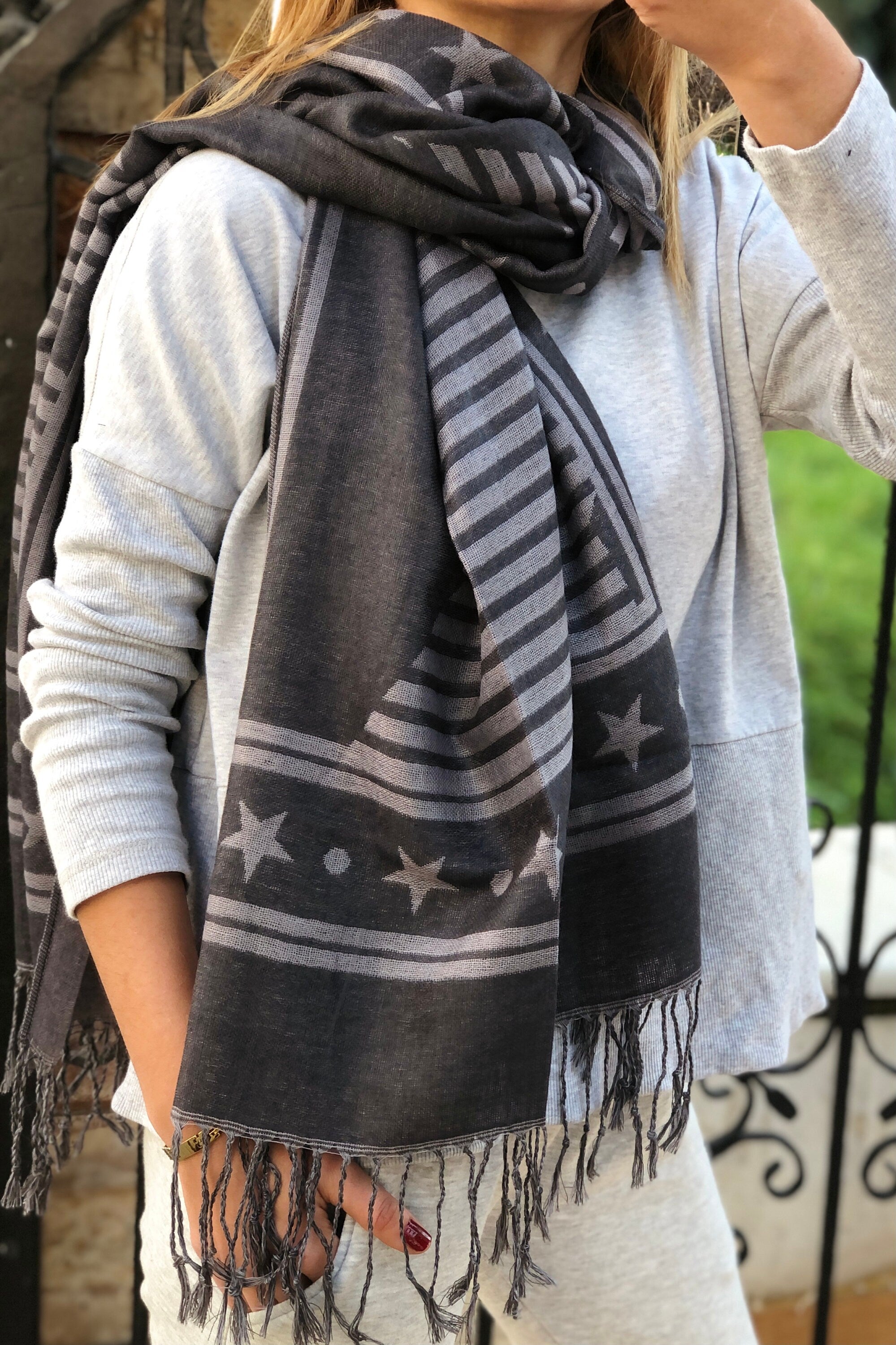 Anthracite Gray Acrylic Cotton Scarf - Large Rectangle Scarf with Geometric and Star Pattern - Perfect Gift for Mum