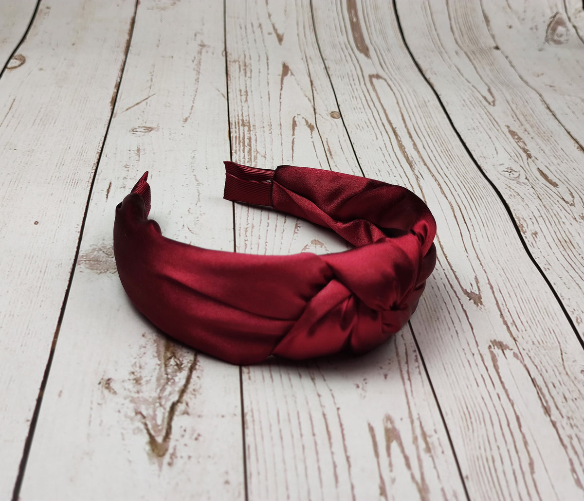 Dark Red Satin Knotted Headband, Padded Alice Band, Autumn Wedding Guest Hair Accessory