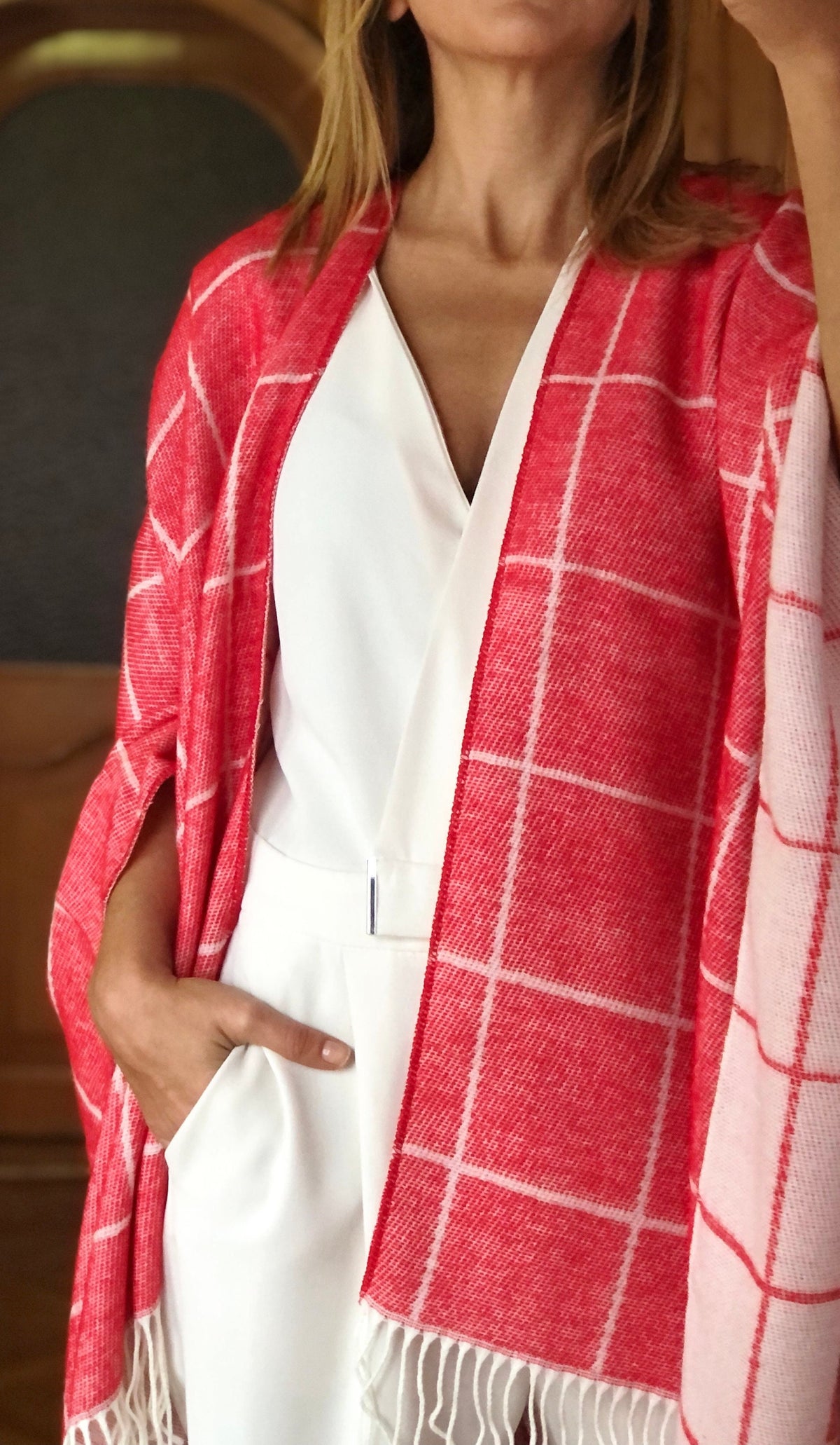 Reversible Plaid Wool Blend Poncho – Red & White Oversized Scarf Shawl