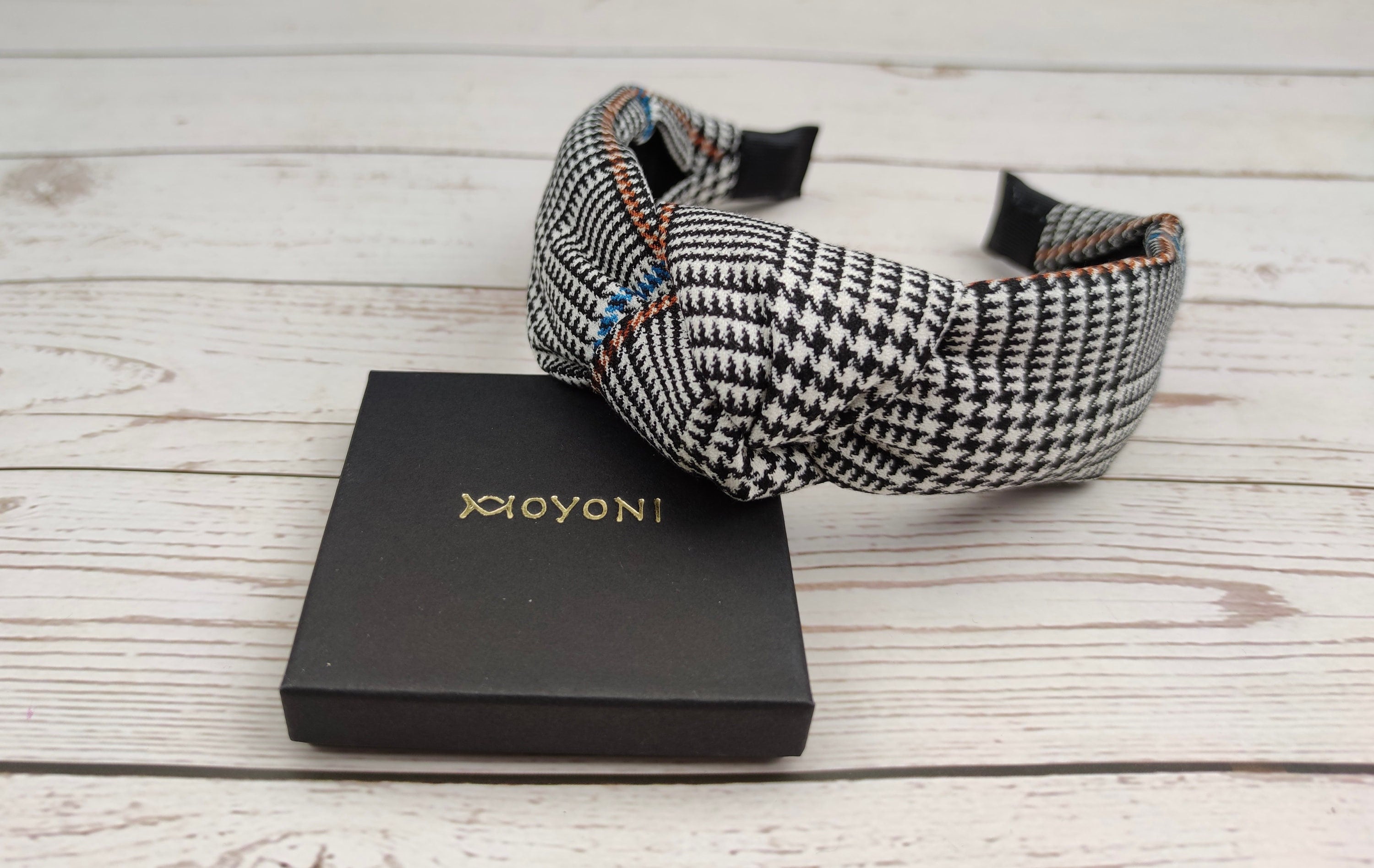 Handcrafted Classic Knotted Crepe Headband in White and Black, Perfect for College Fashion and Everyday Wear - Featuring Blue and Orange Stripes available at Moyoni Design