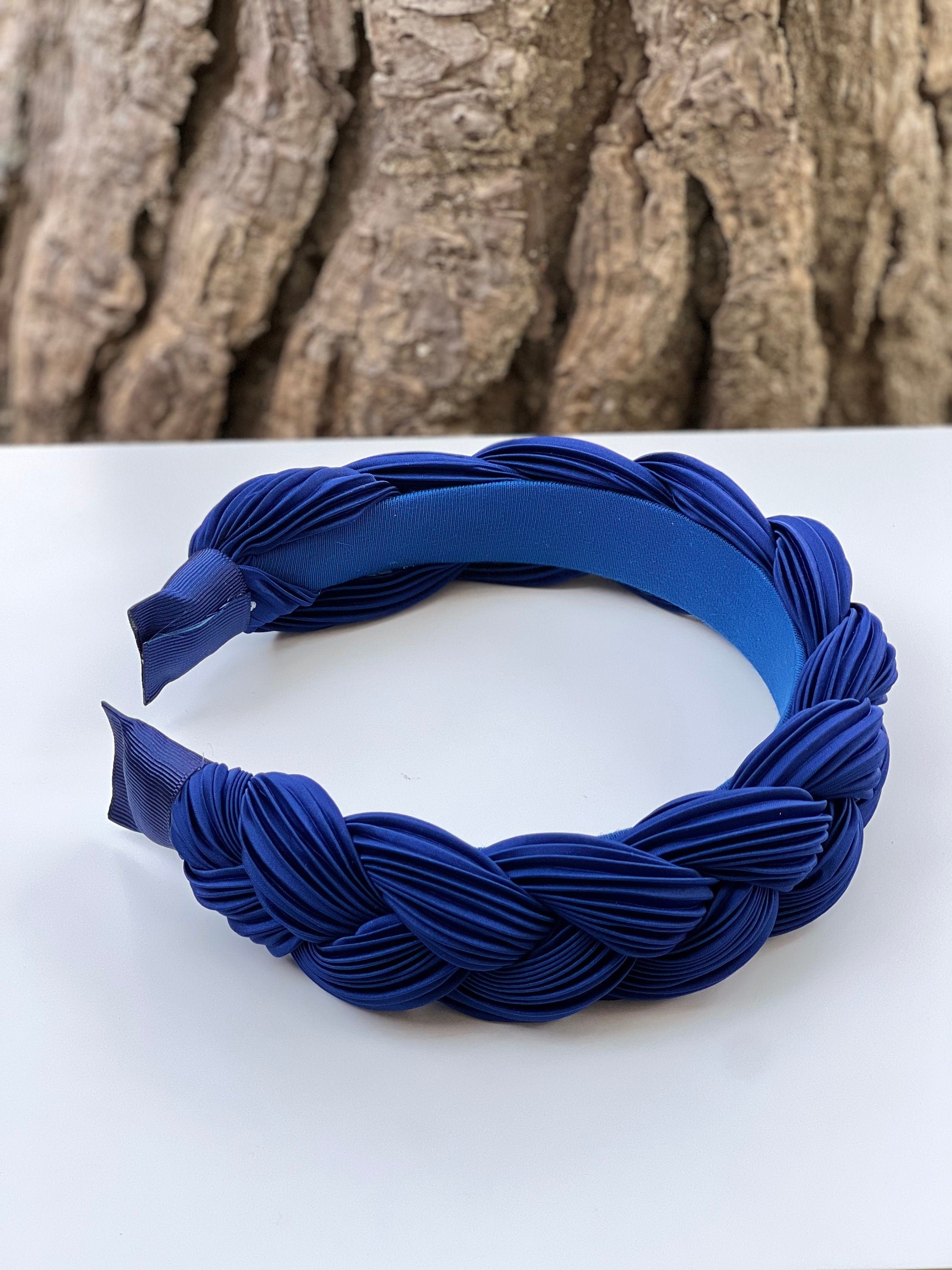 Dark Blue Satin Headband, Knotted Headband, Women Ruched Headband, Headband for Women, Parliament Blue Braided Hairband, Navy Blue Headband