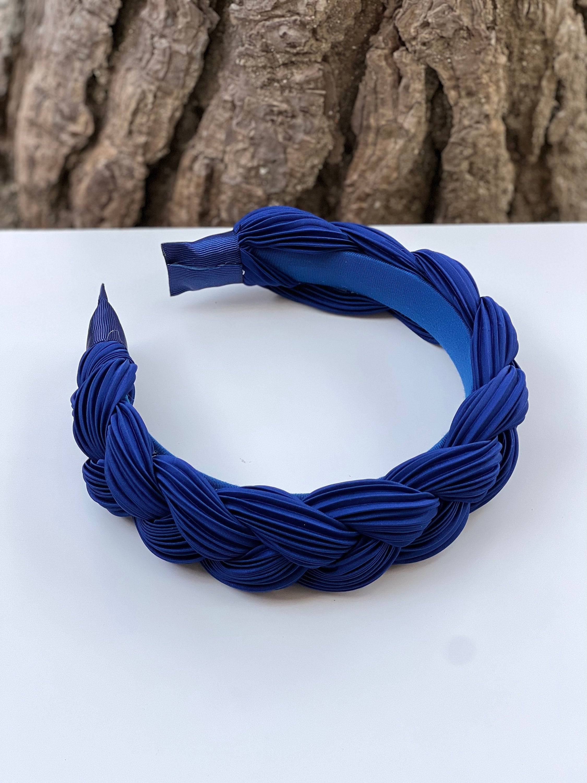 Dark Blue Satin Headband, Knotted Headband, Women Ruched Headband, Headband for Women, Parliament Blue Braided Hairband, Navy Blue Headband