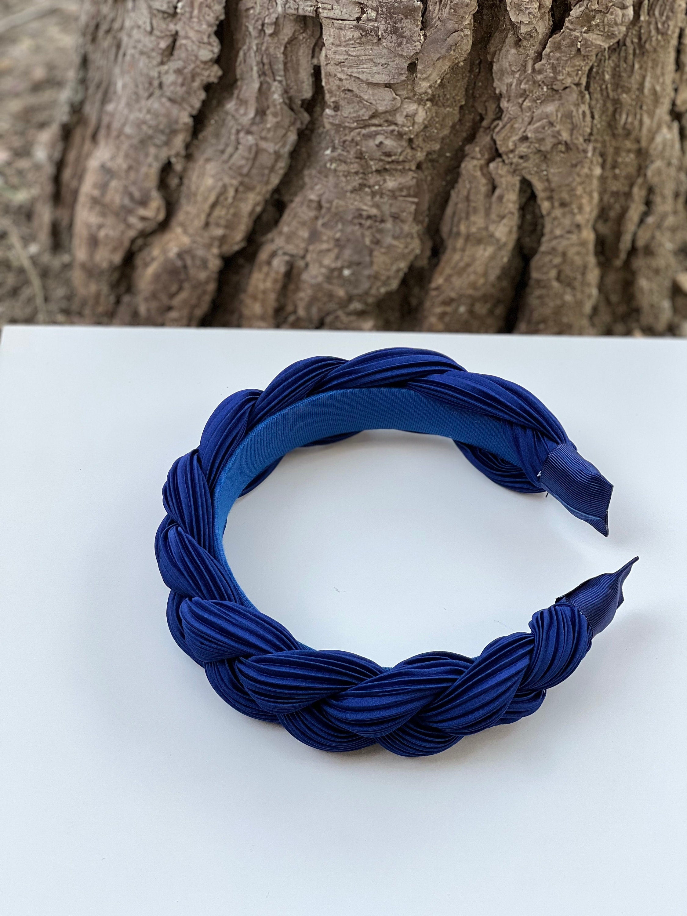 Dark Blue Satin Headband, Knotted Headband, Women Ruched Headband, Headband for Women, Parliament Blue Braided Hairband, Navy Blue Headband