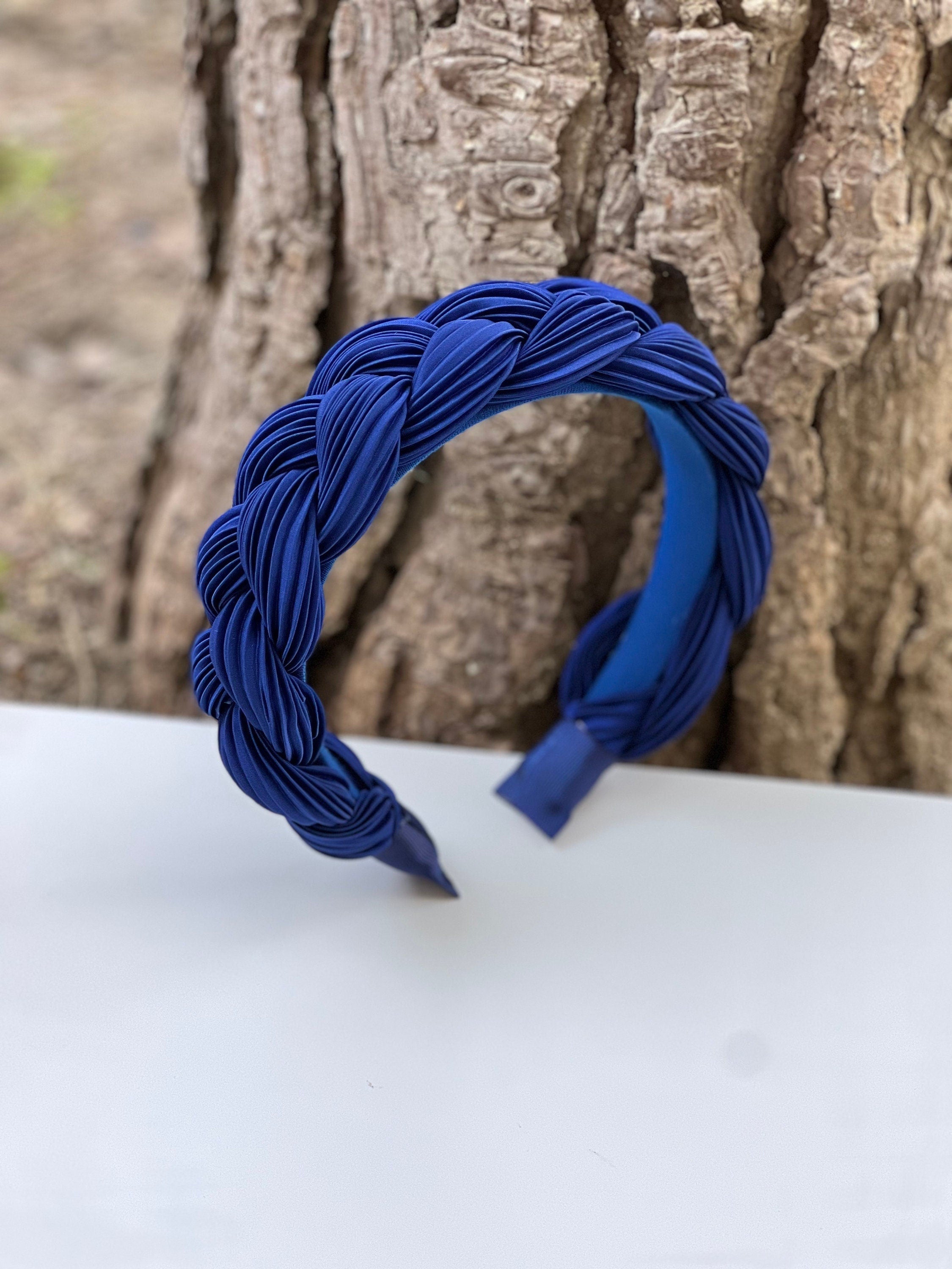 Dark Blue Satin Headband, Knotted Headband, Women Ruched Headband, Headband for Women, Parliament Blue Braided Hairband, Navy Blue Headband